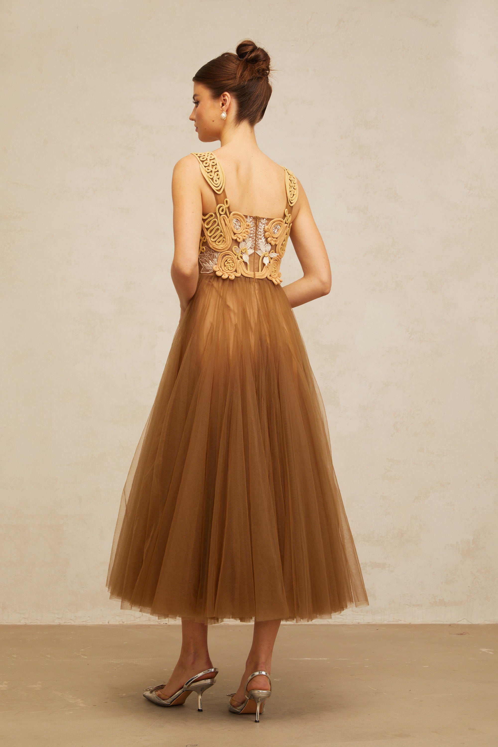 Elodie brown braid-detail tulle midi dress