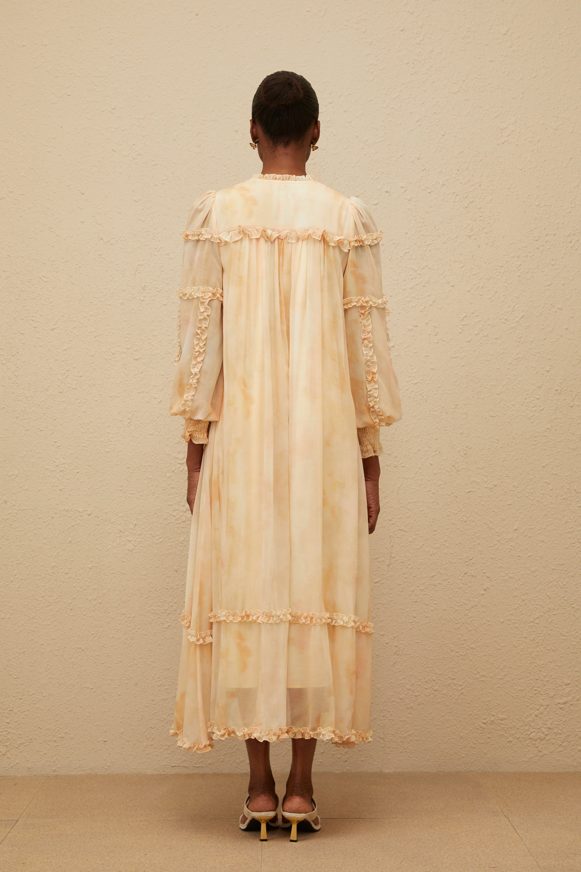 Lecollet Beige Ruffled Tie-Dye Midi Dress