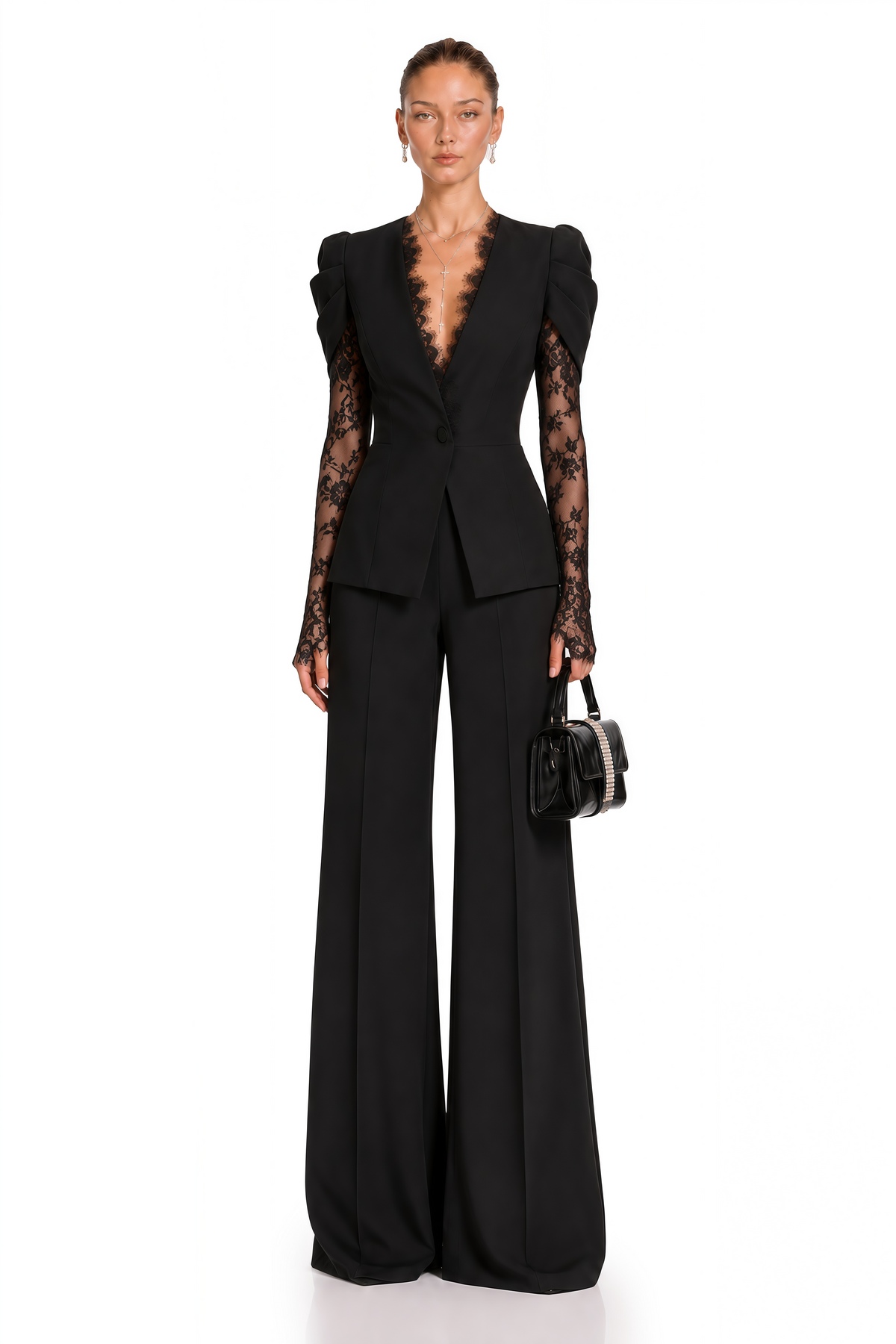 saffron black collarless blazer with lace trim