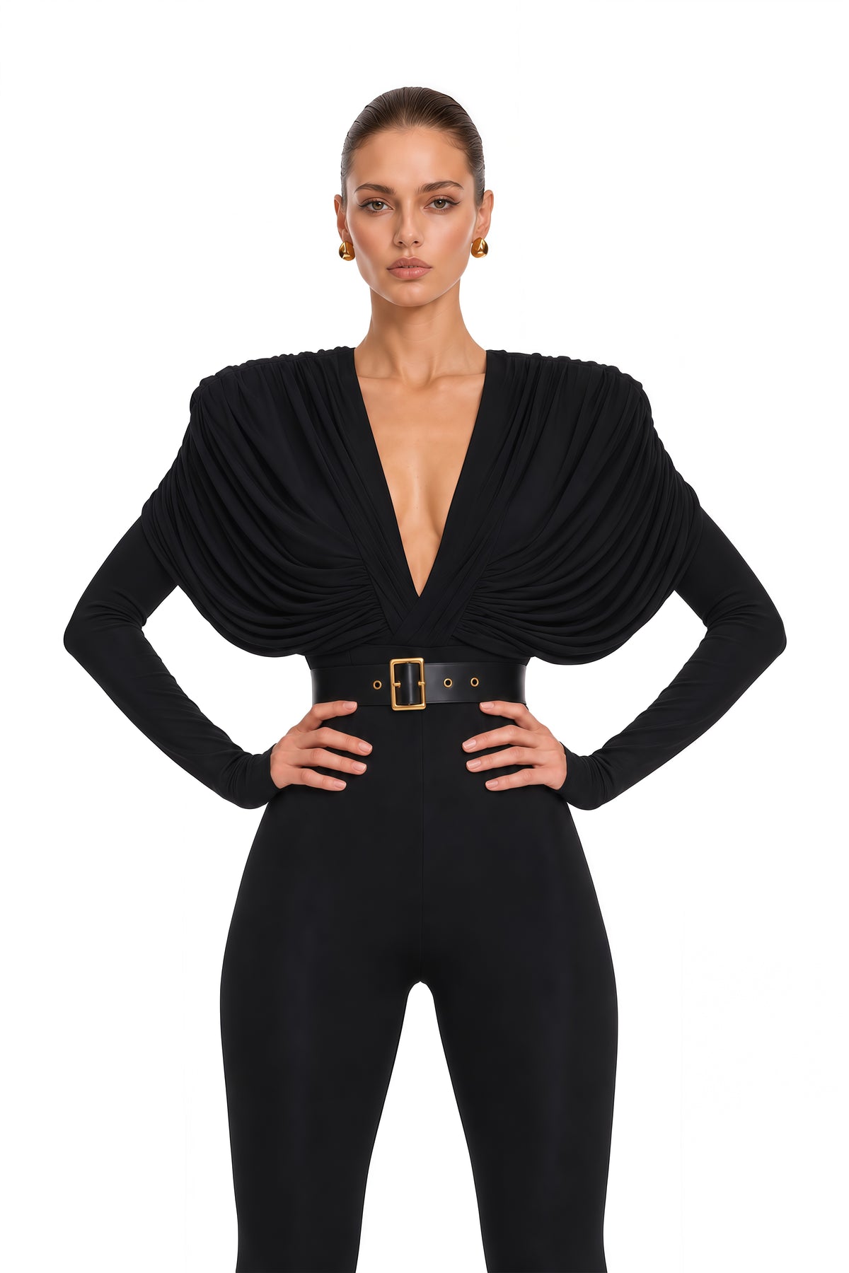 gianina black deep v-neck draped jumpsuit