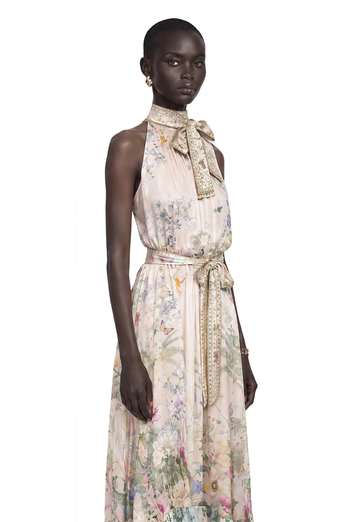 madeleine neutral floral print satin maxi dress