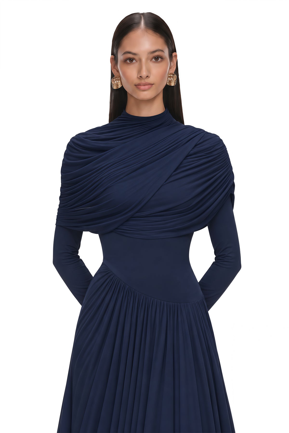 catherine navy-blue asymmetrical pleated long-sleeve maxi dress