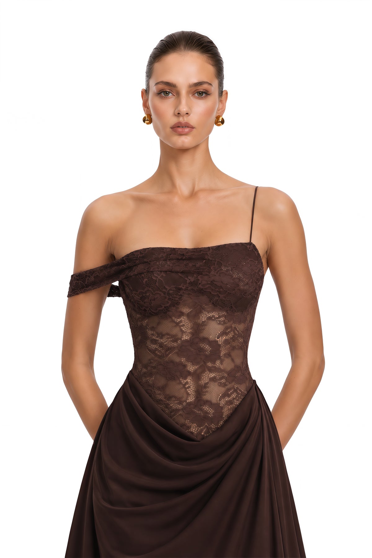 sunniva brown lace panel asymmetrical maxi dress