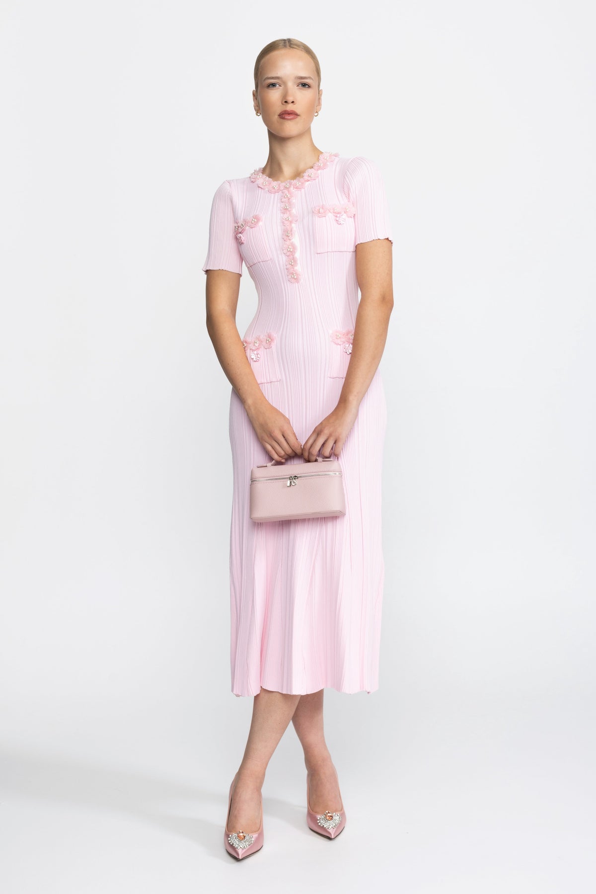 Ribbed Knit Flower Appliqué Midi Dress - Pink