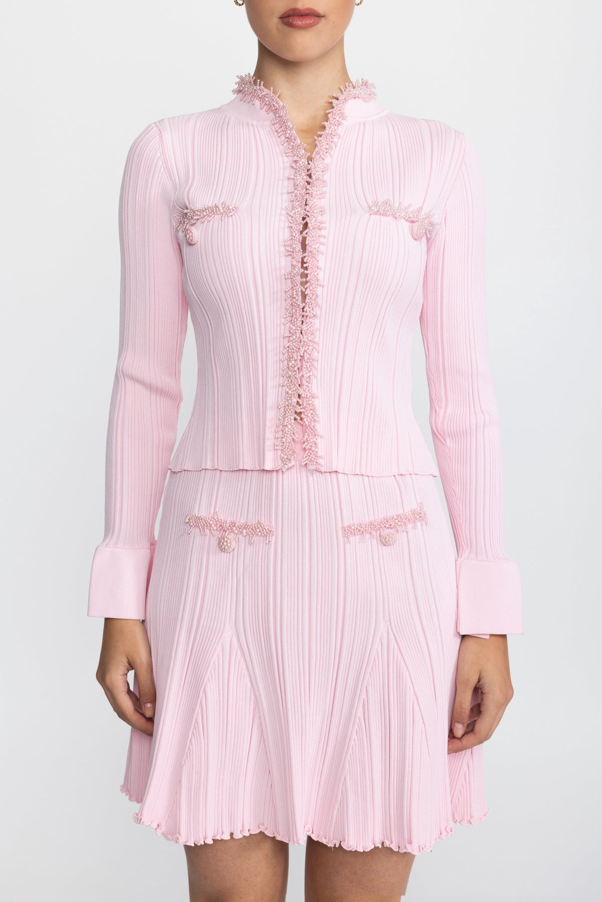 Beaded Trim Rib Knit Cardigan and Mini Skirt Co-ord Set - Pink