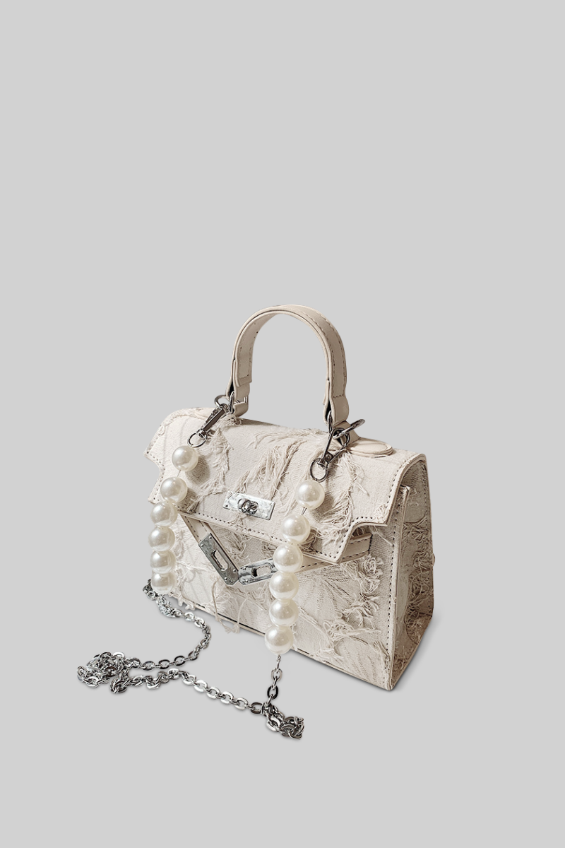 ELIANE  Medium classic hand-bag with chains and pearl details - Cream