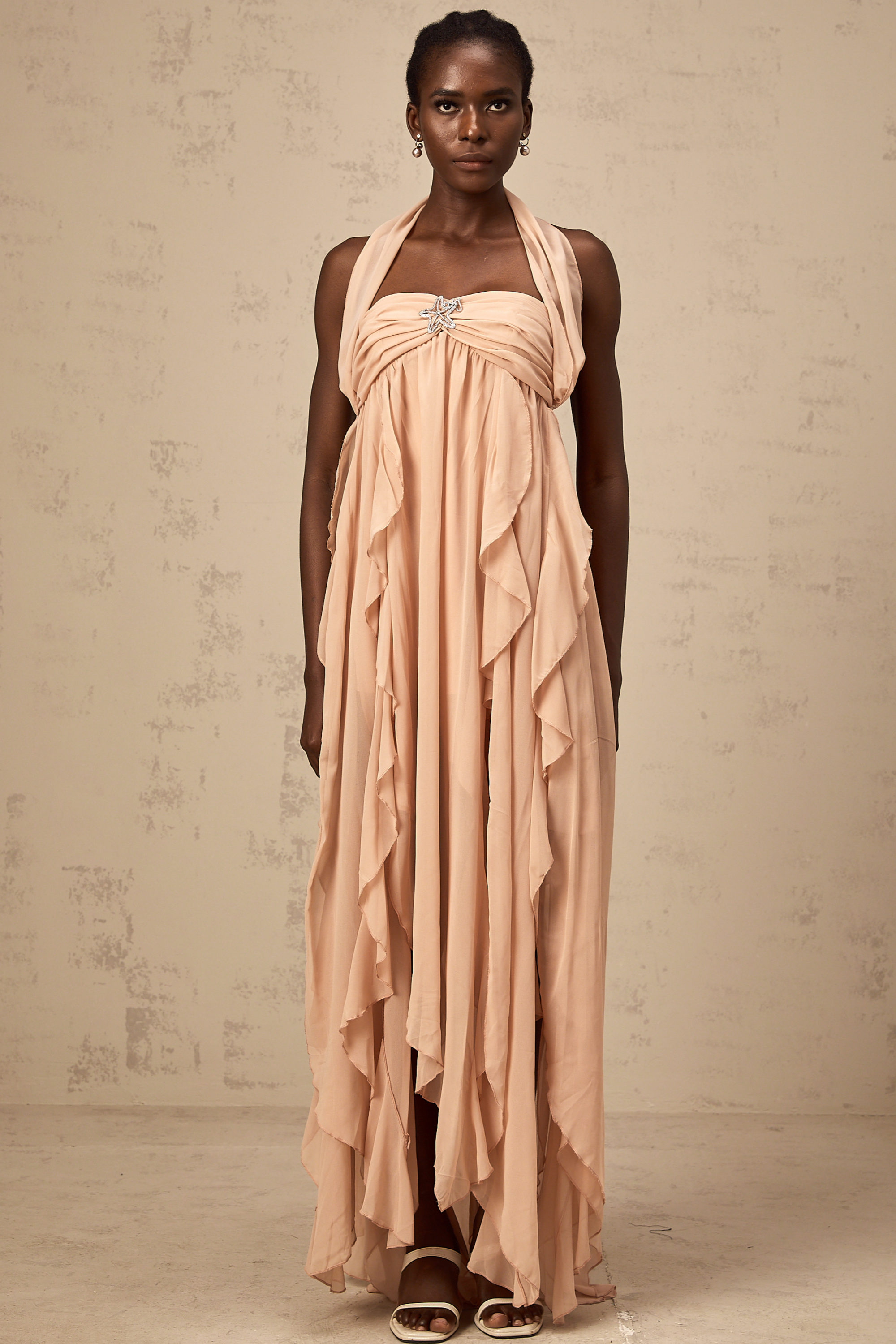 Mariah Pink Chiffon Ruffle Halterneck Maxi Dress (Final Sale-US Only)