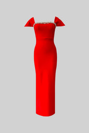 Off-Shoulder Fitted Gown With Crystal Embellishments  – Red