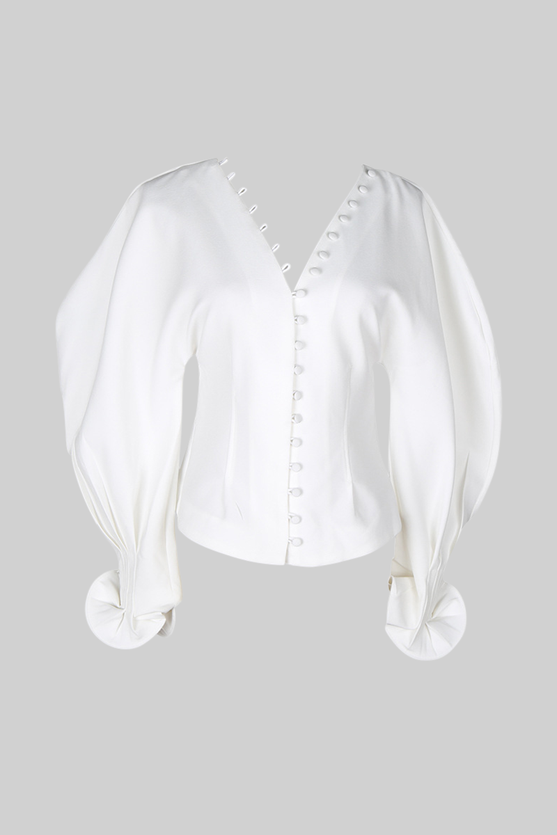 V-neck Shirt with Puffed Sleeves - White