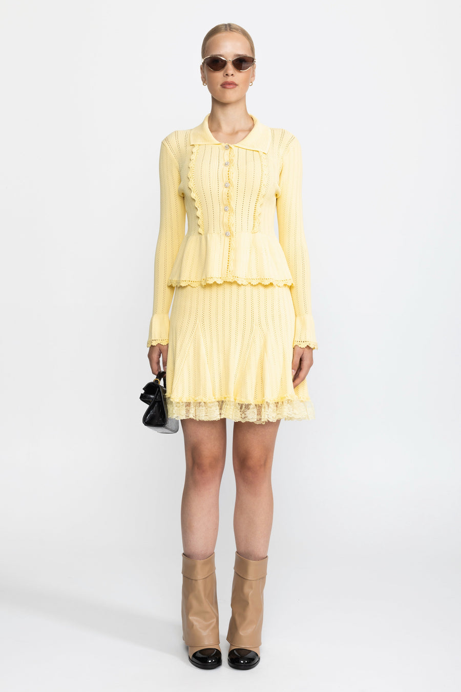 Pointelle Knit Peplum Cardigan and Lace Hem Skirt Co-ord Set - Yellow