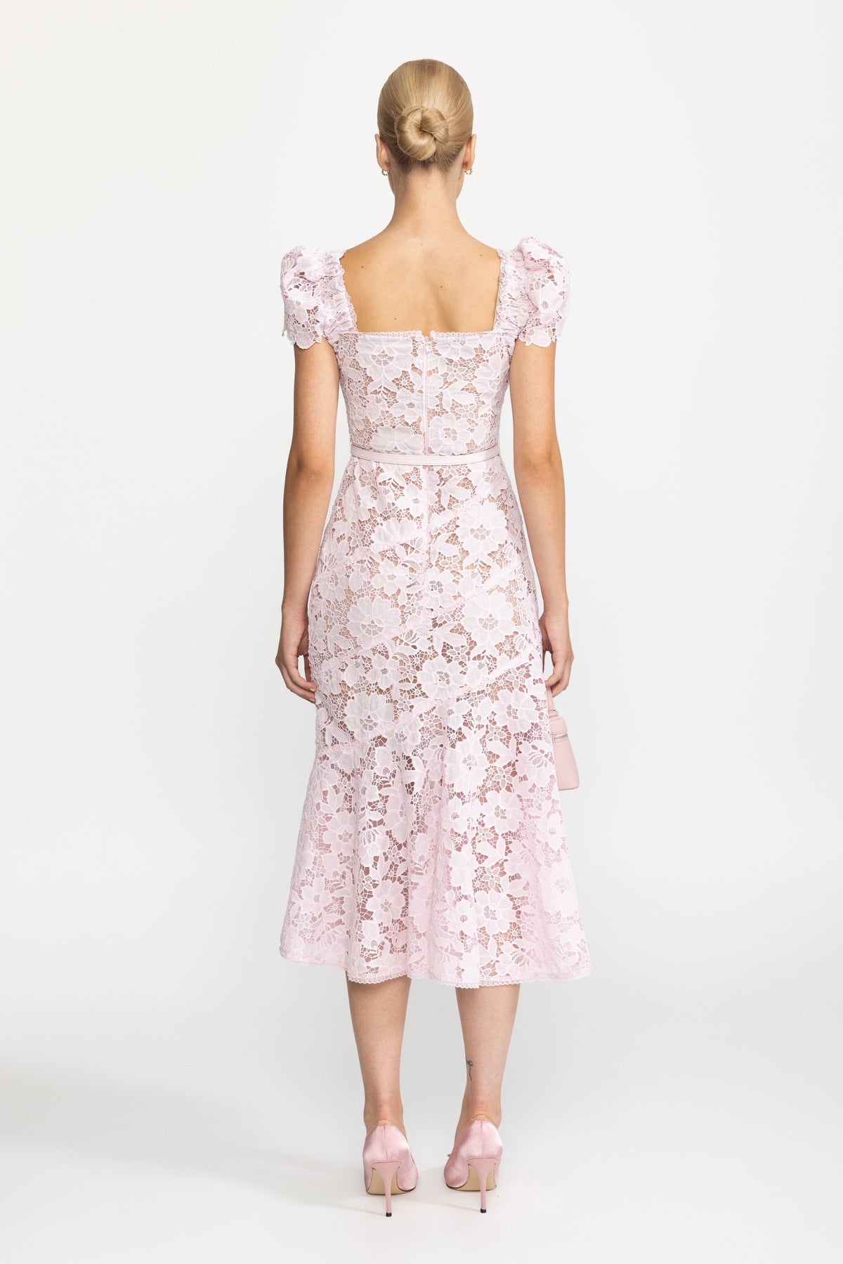 Guipure Lace Puff Sleeve Midi Dress - Pink