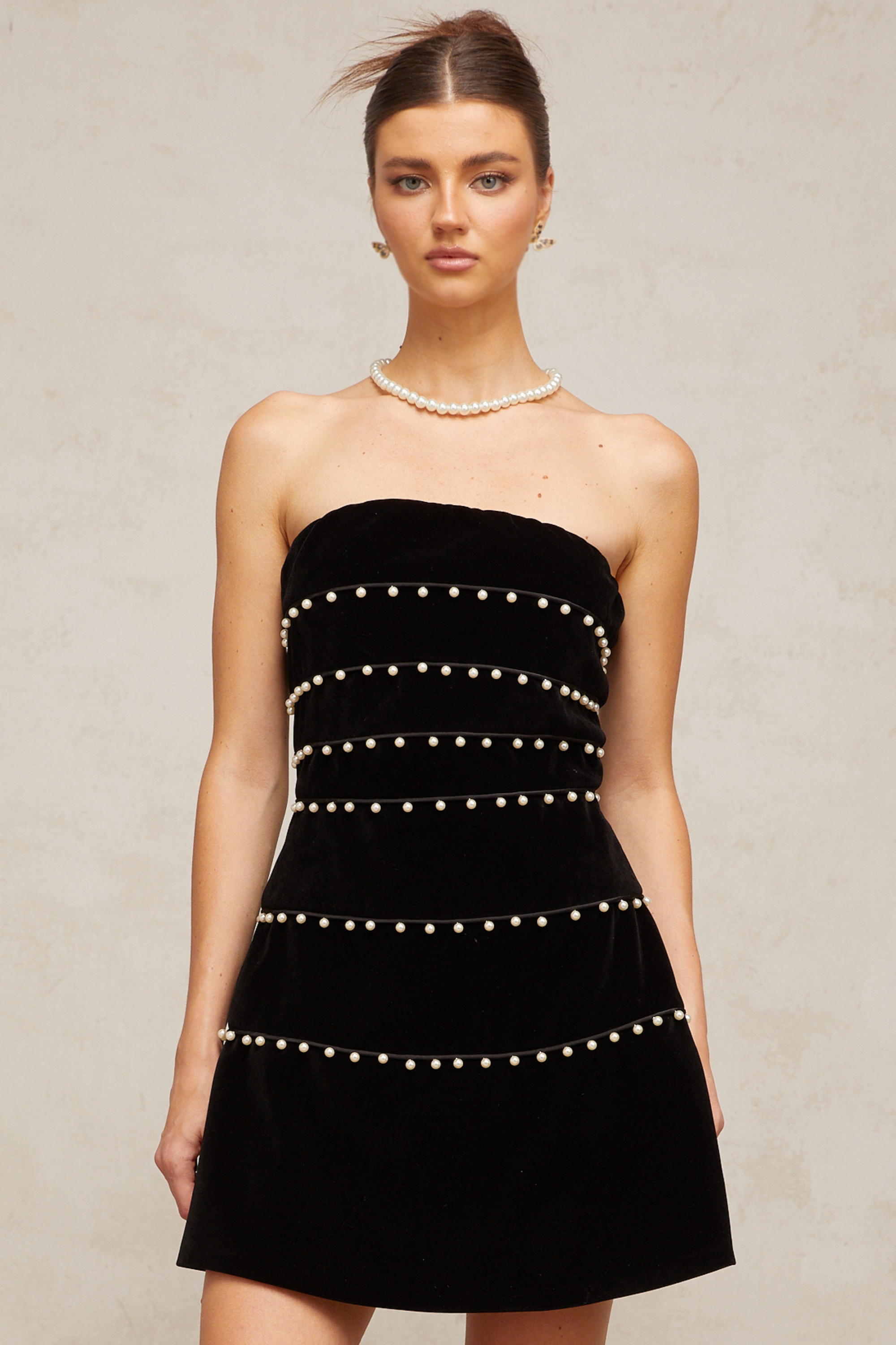 Camille black faux-pearl velvet mini dress