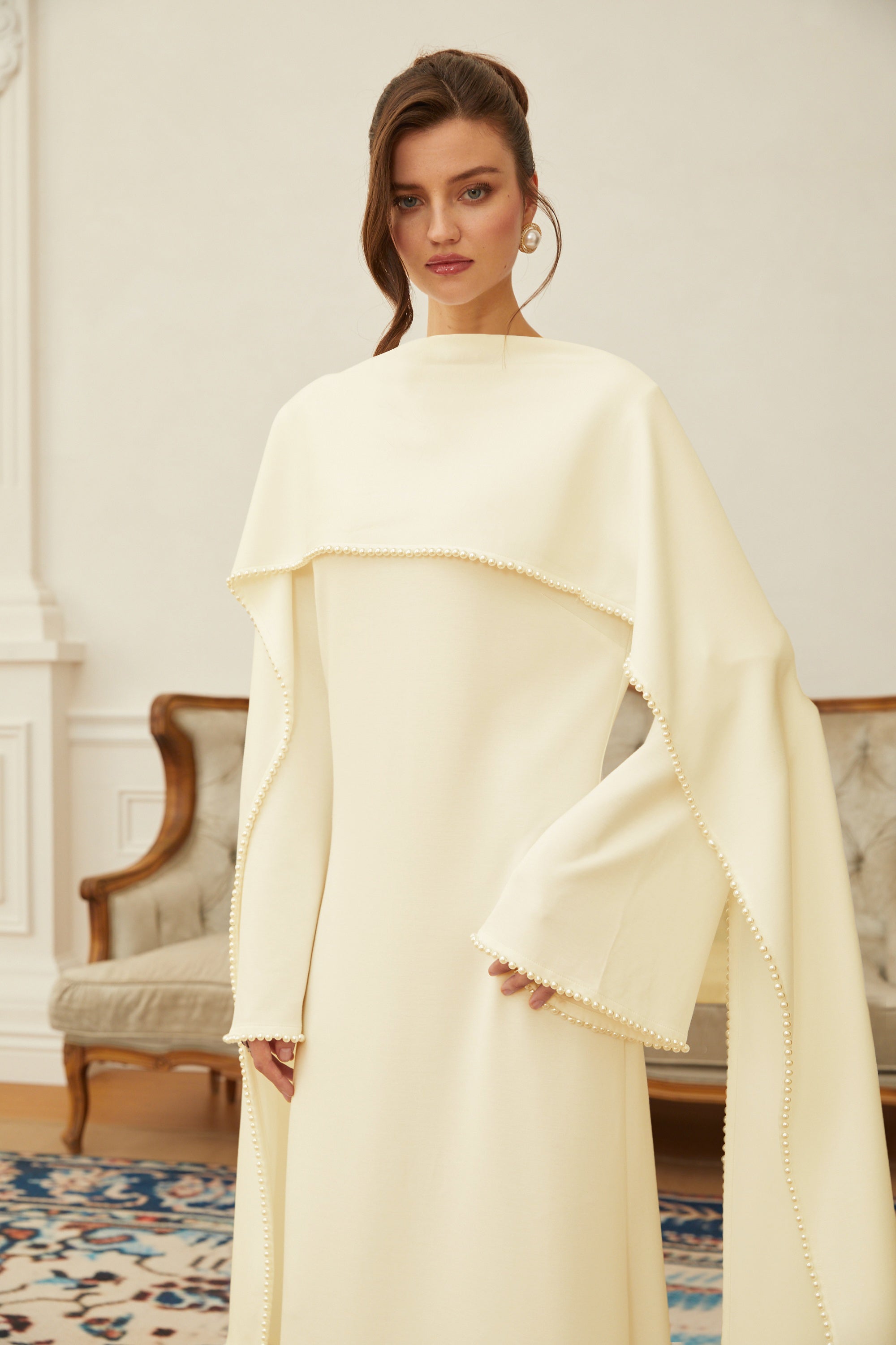 Piroska Yellow Pearl Trim Shawl Detail Maxi Dress