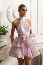 Floral Halterneck Ruffle Mini Dress - Pink