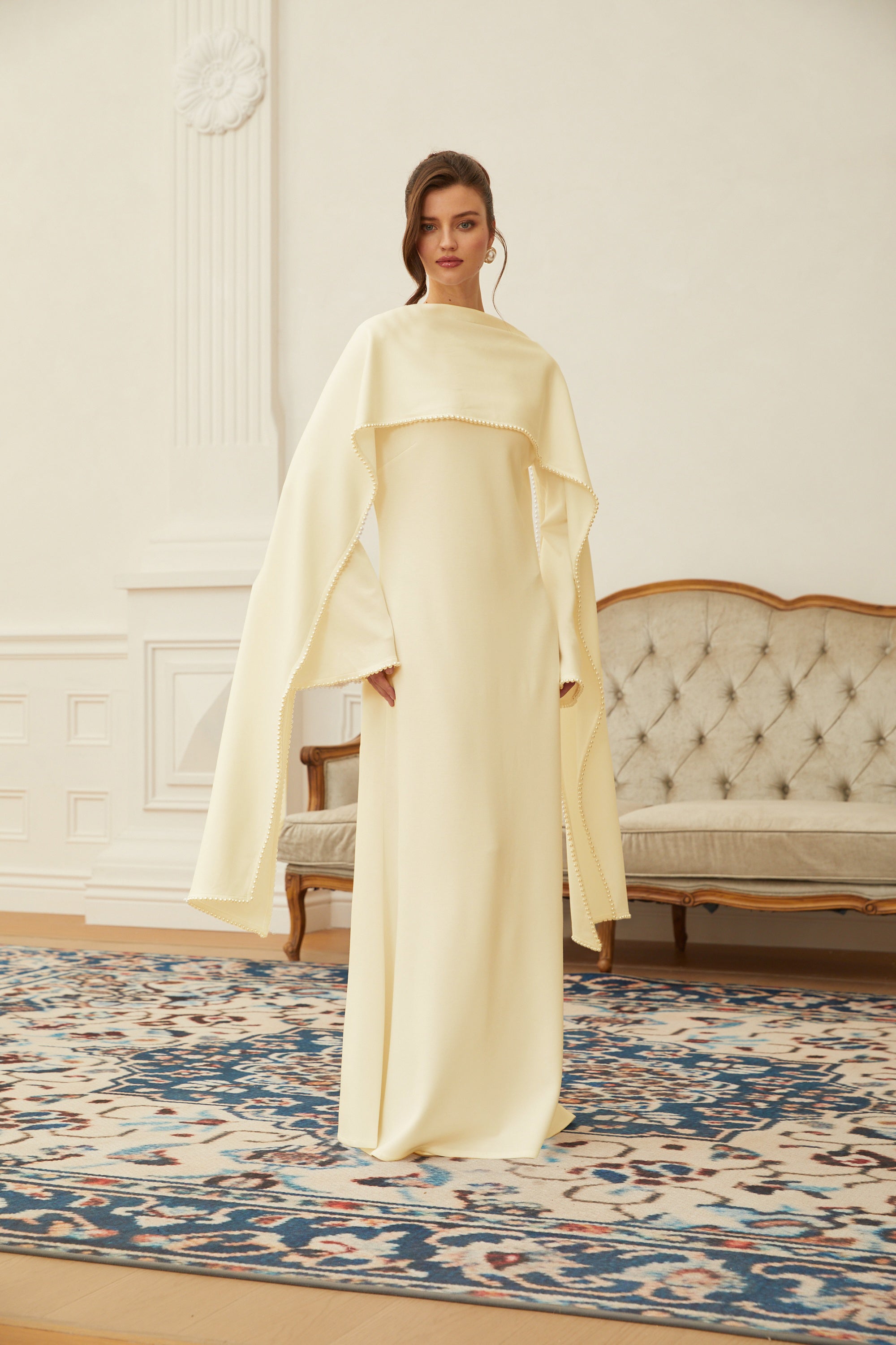 Piroska Yellow Pearl Trim Shawl Detail Maxi Dress