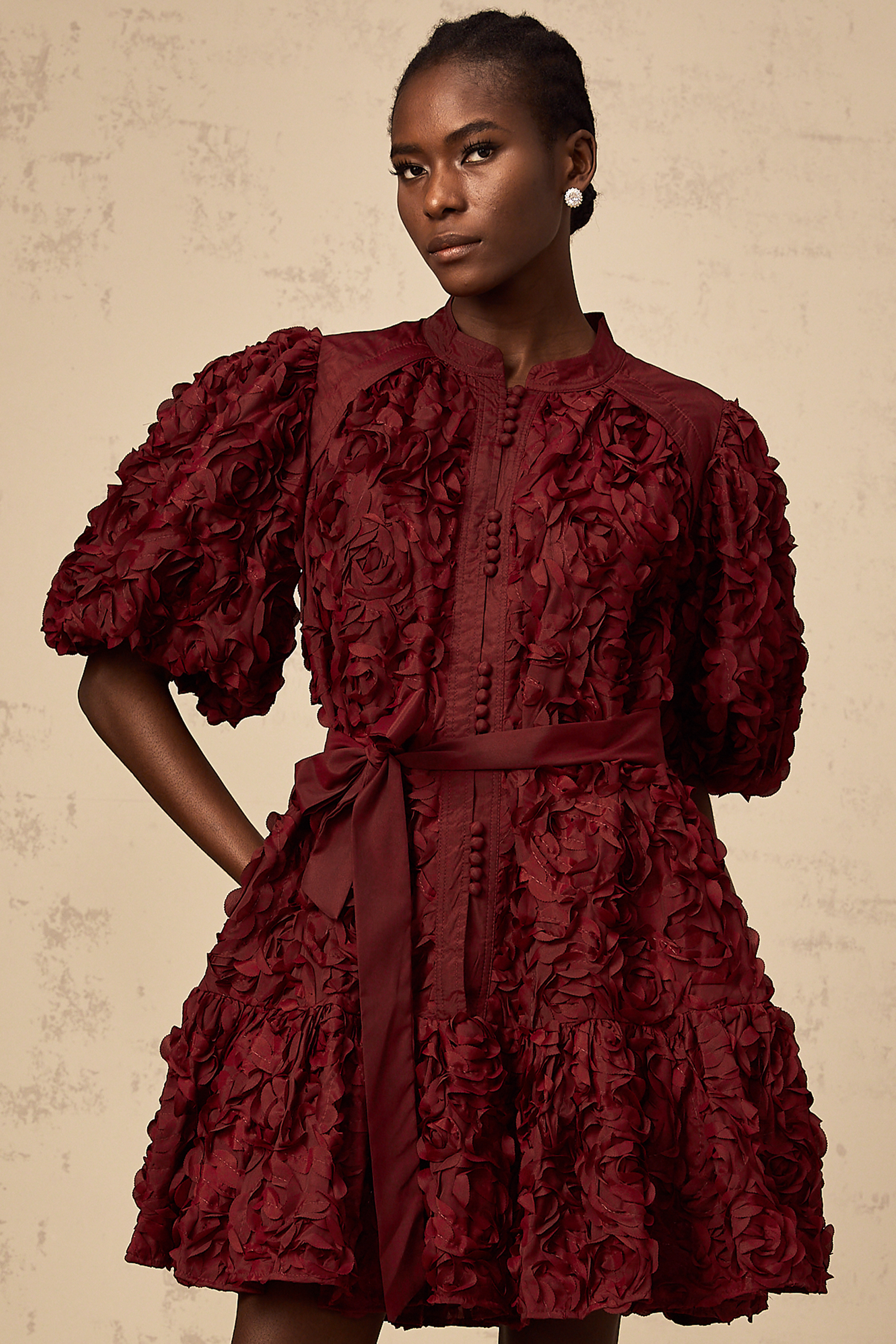 Ségolène wine-red 3D-petal puff mini dress (Final Sale-US Only)