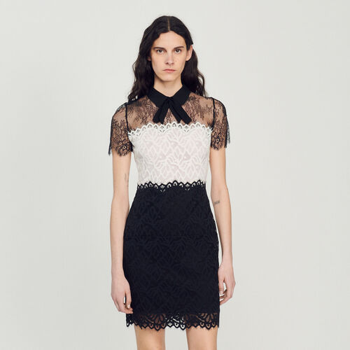 SANDRO TWO-TONE LACE MINI DRESS - Black / White