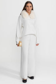 Elodie White Knit Lounge Co-Ord Set with Fox Fur Collar