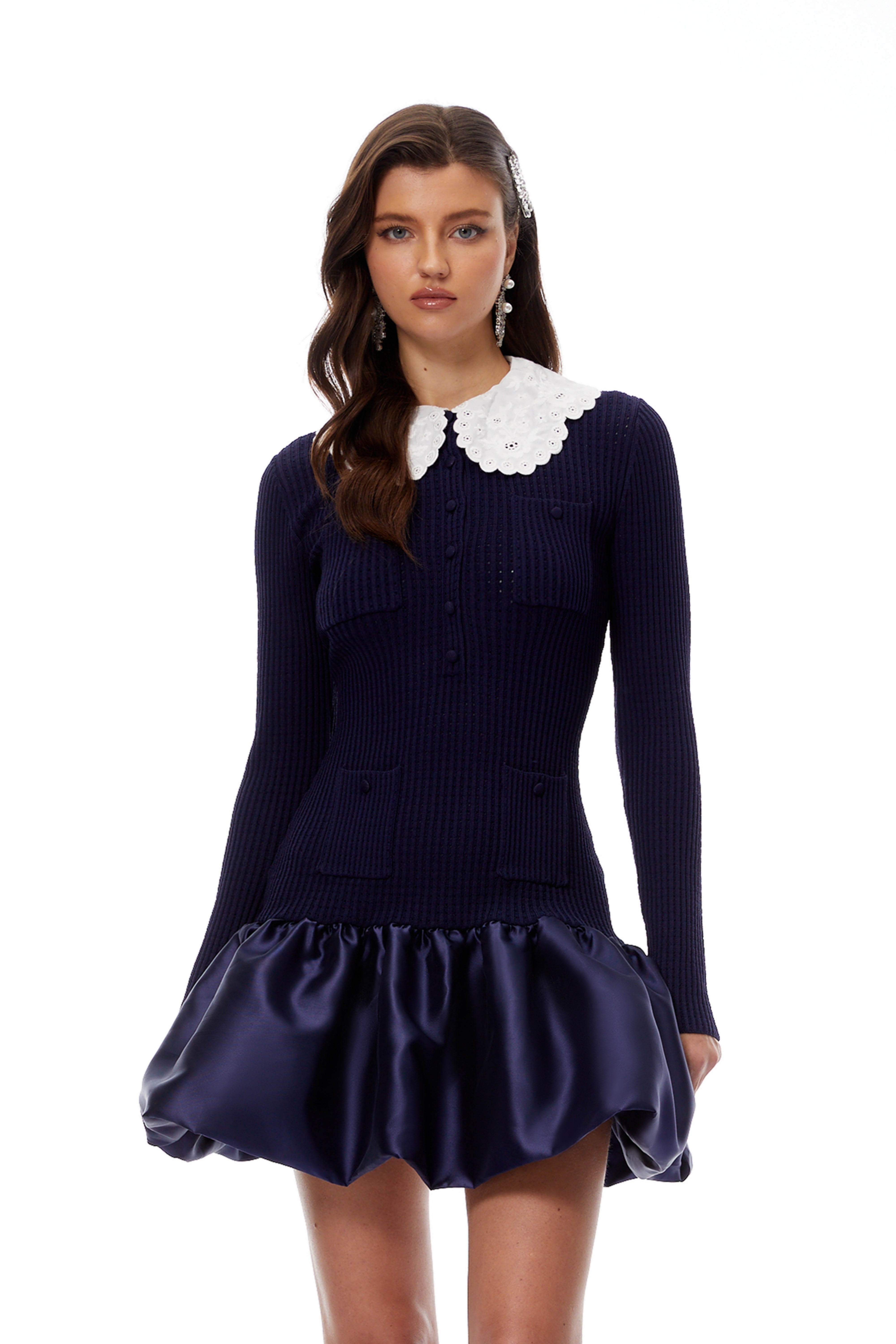 Aroa Navy Blue Satin Panel Knit Mini Dress (Final Sale-US Only)