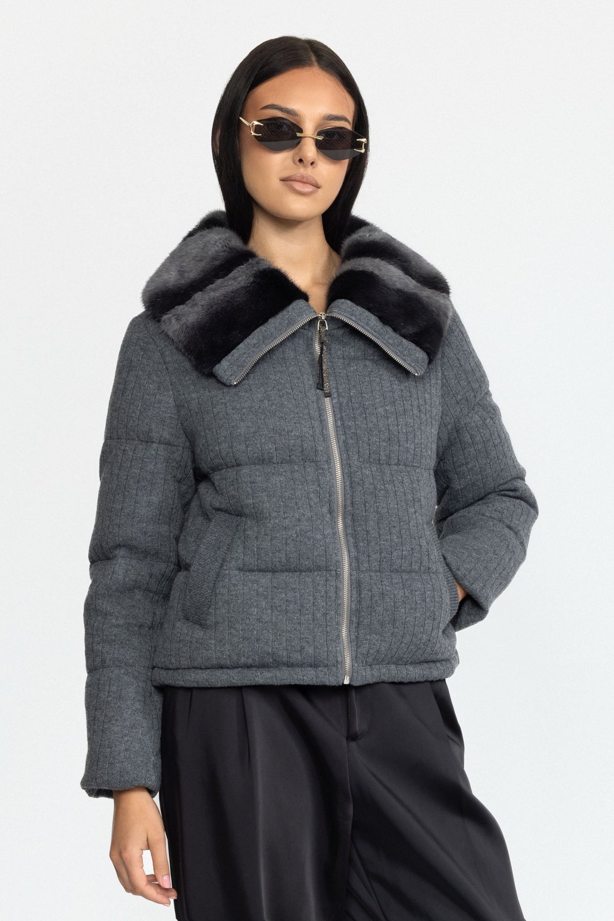 Mink Collar Knit Down Jacket - Grey