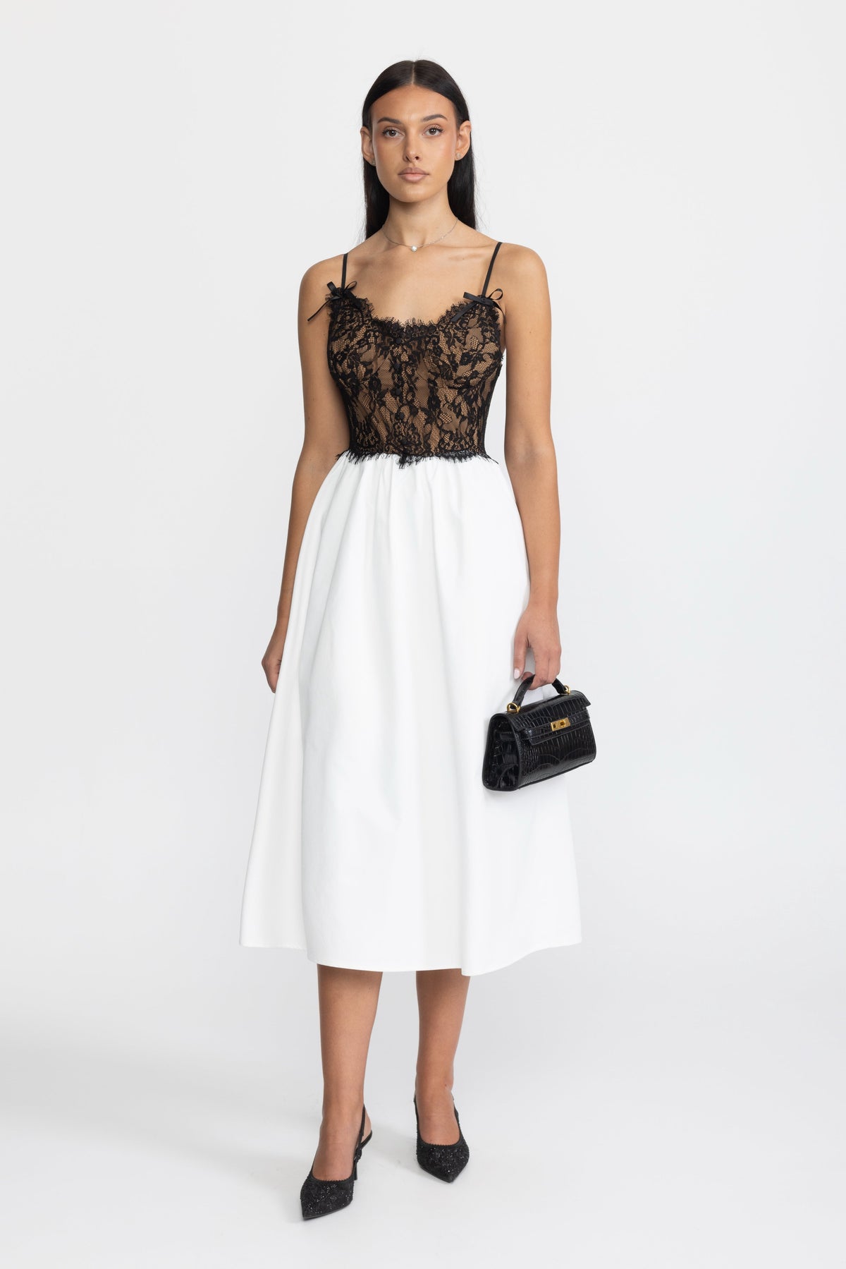 Lace Bustier Poplin Midi Dress - Black & White