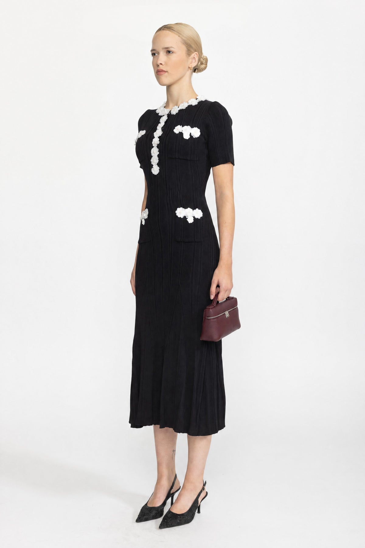 Florence Black Ribbed Knit Flower Appliqué Midi Dress