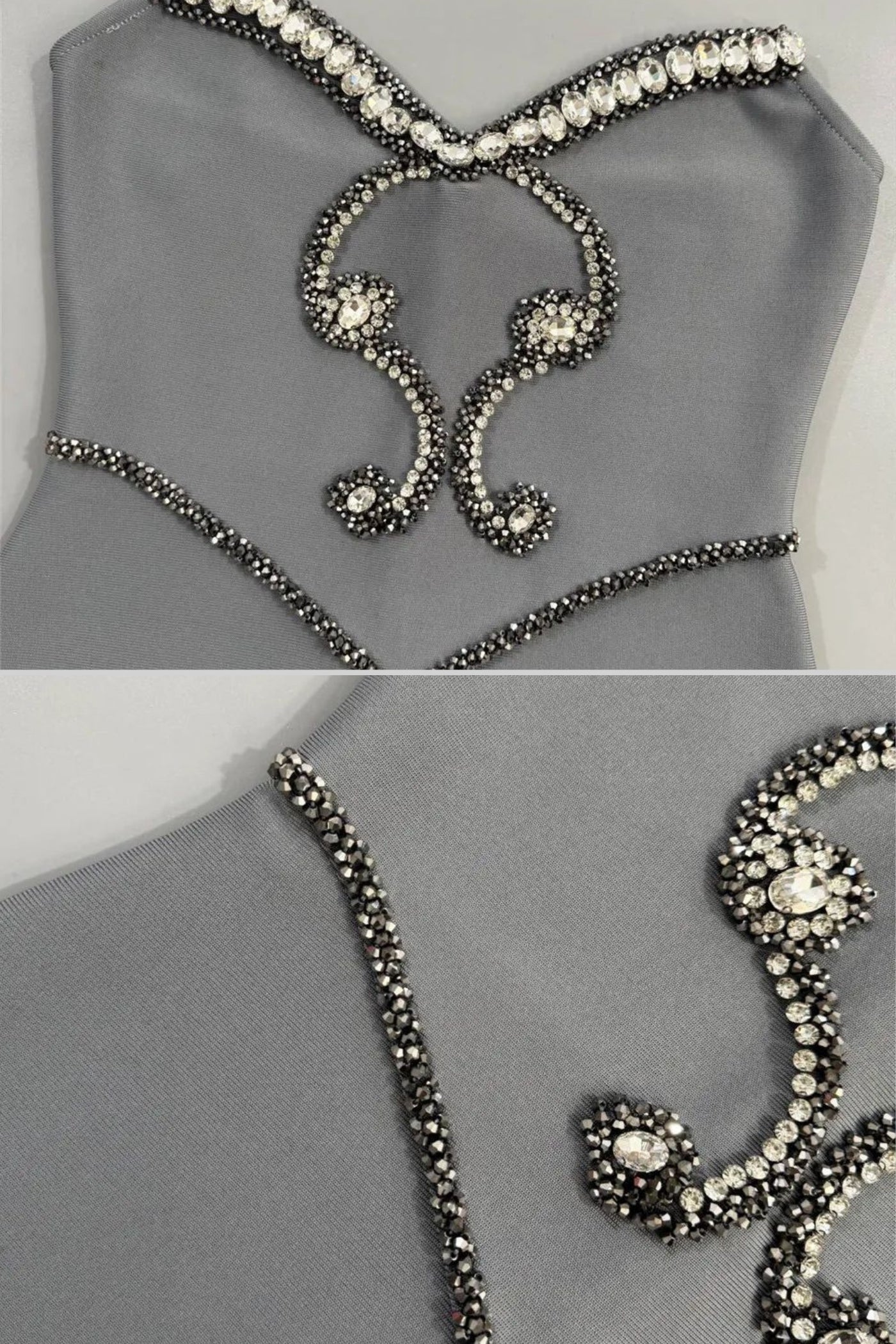 Crystal-Embellished Strapless Gown with Choker – Gray