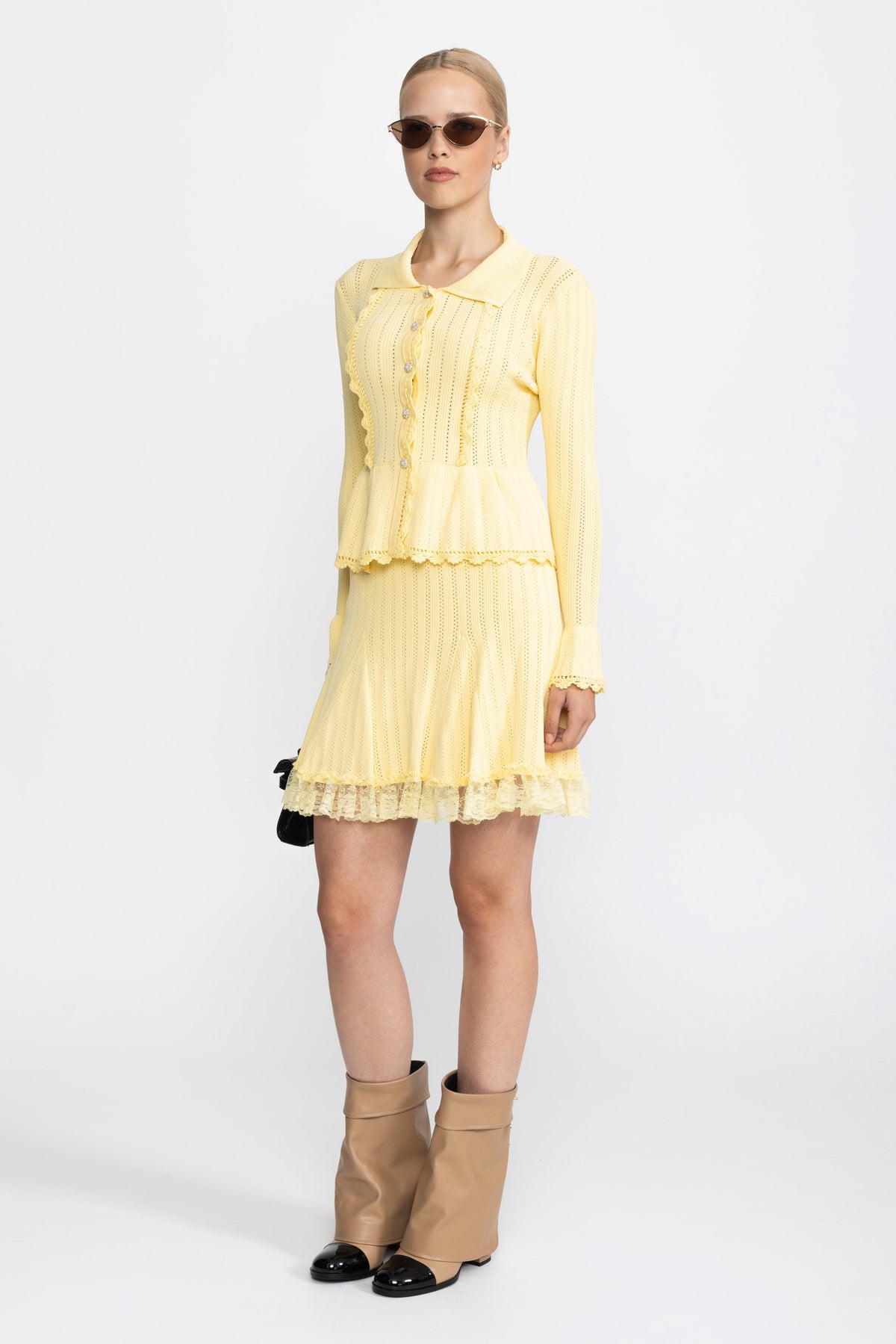 Pointelle Knit Peplum Cardigan and Lace Hem Skirt Co-ord Set - Yellow