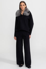 Elodie Black/Grey Knit Lounge Co-Ord Set with Fox Fur Collar