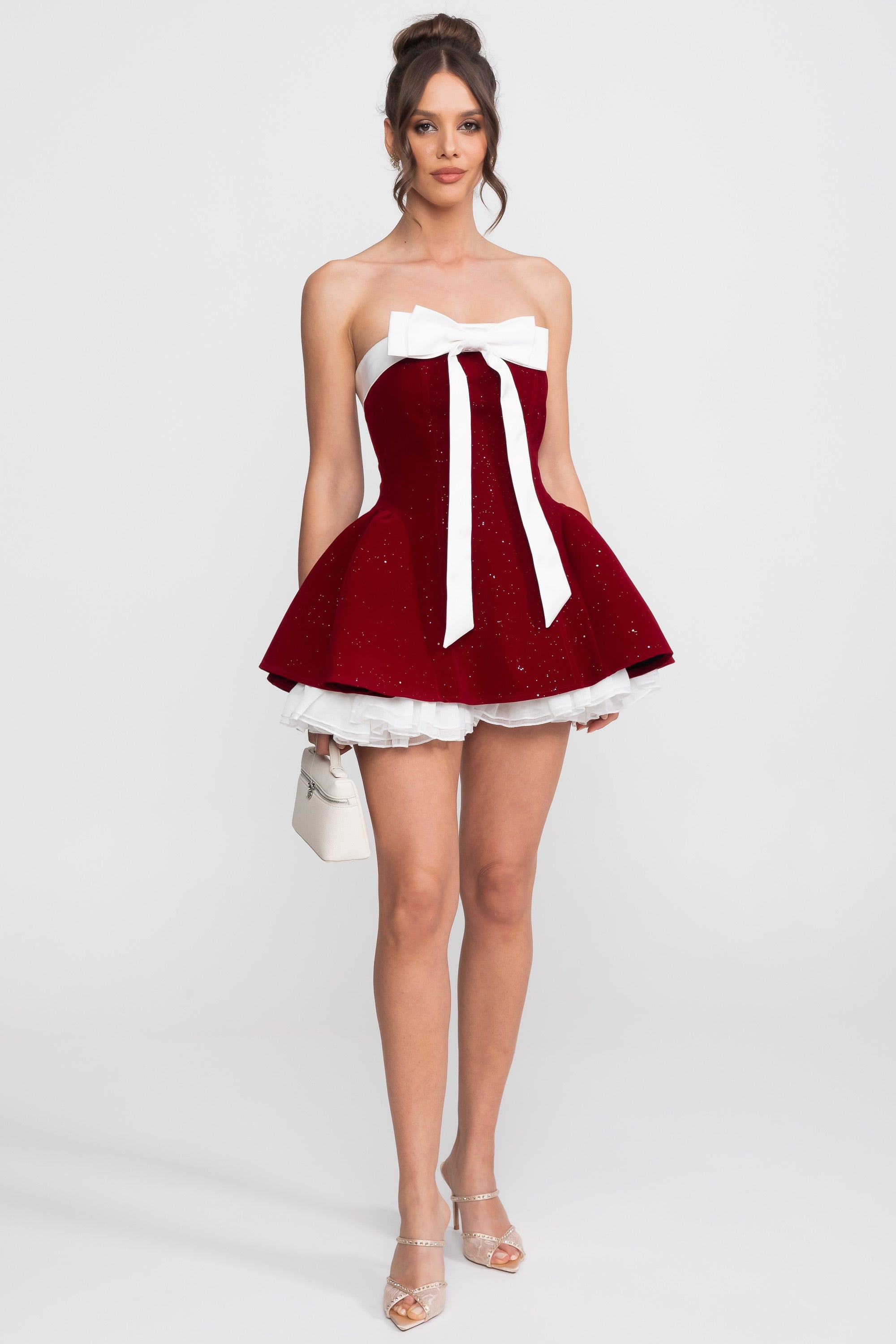 Strapless Velvet Mini Dress With Satin Bow And Ruffle Hem