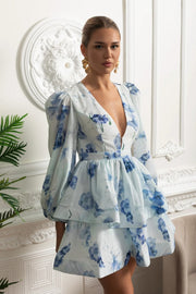 Floral Romantic Mini Dress With Voluminous Sleeves And Peplum Detail - White/Blue