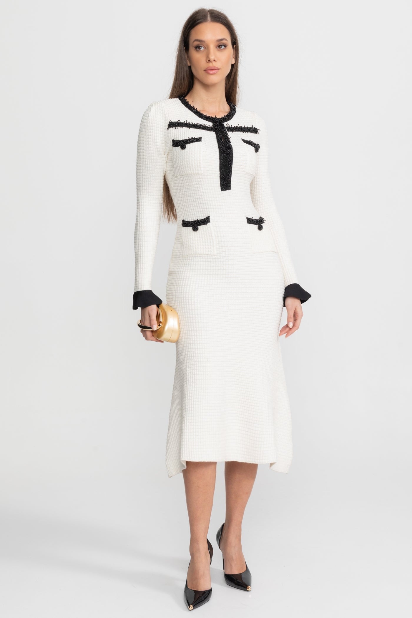 Textured Midi Dress with Contrast Embroidered Trim – Ivoire