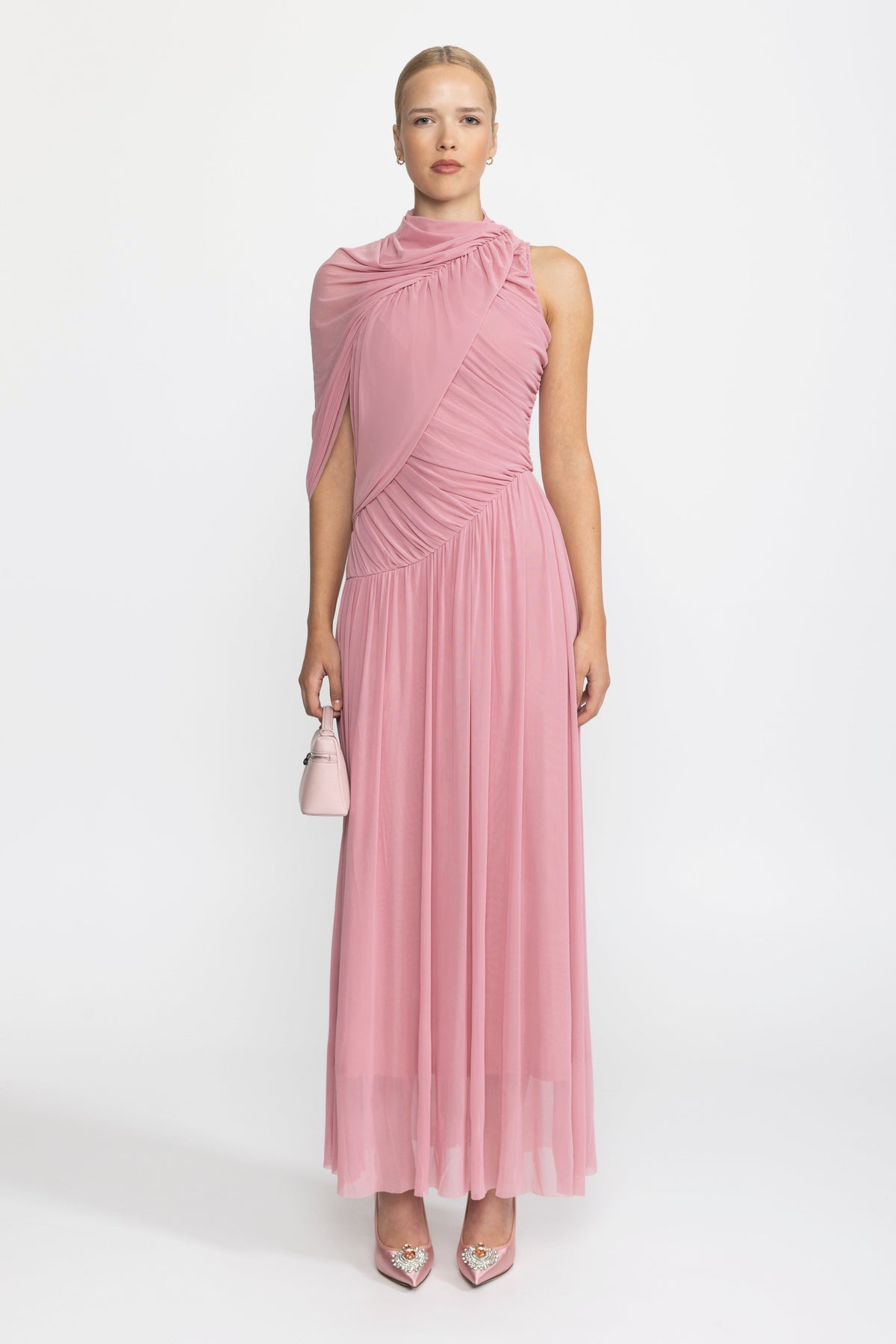 Draped Scarf Neck Mesh Maxi Dress - Pink