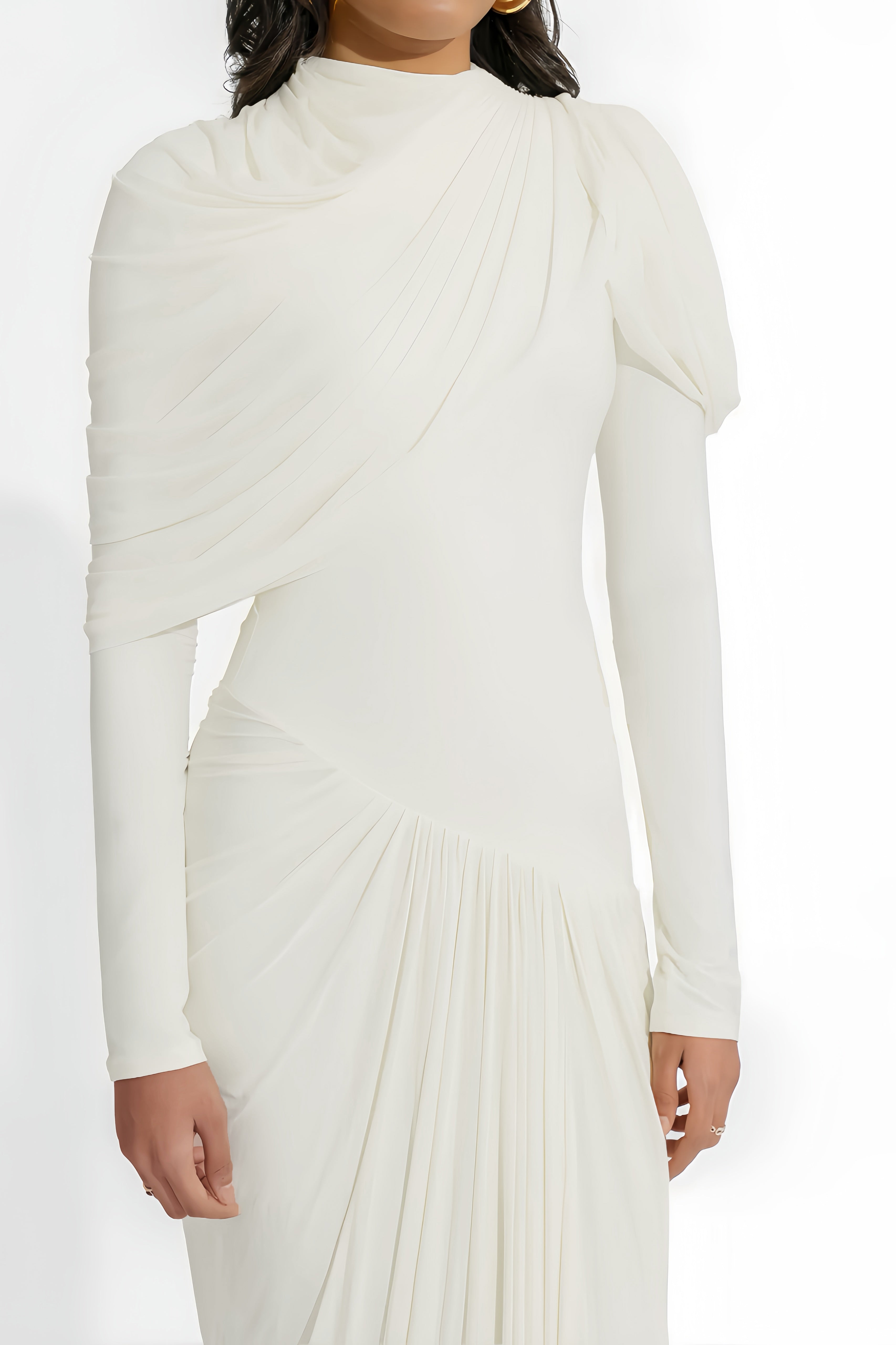 Bronwyn White Draped Pleated Asymmetrical Maxi Dress (Final Sale-US Only)