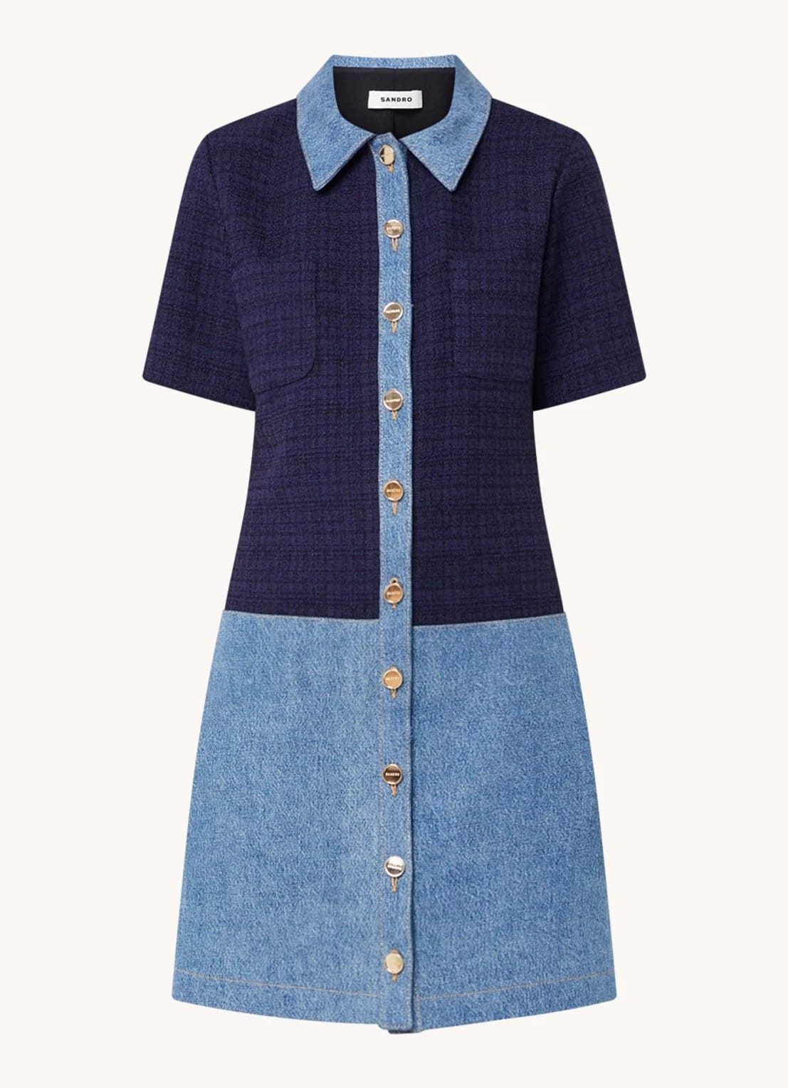 Sandro Mini tweed-look blouse dress with denim details - Blue