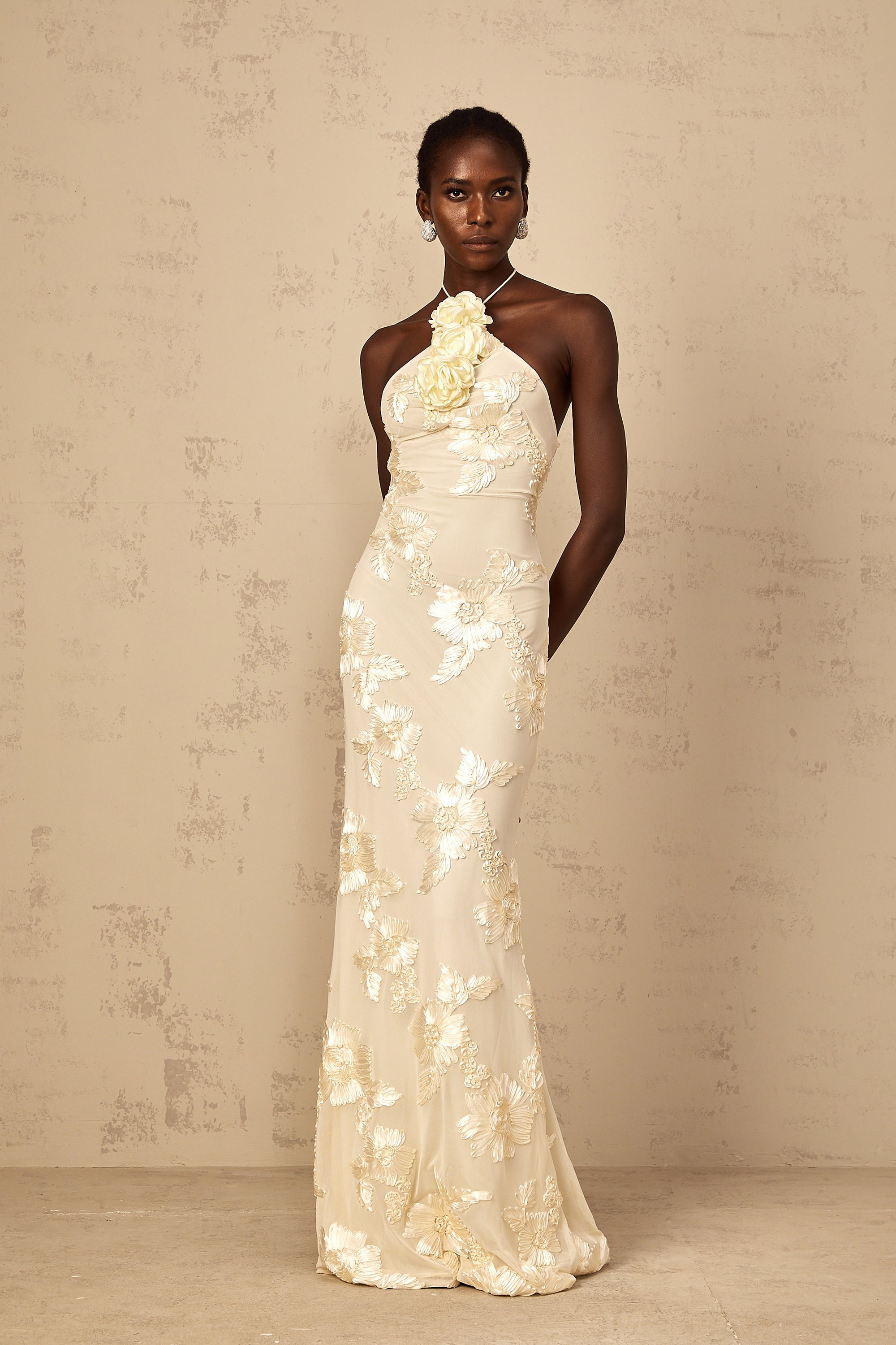 Melanie Neutrals Embroidered Halterneck Maxi Dress (Final Sale-US Only)