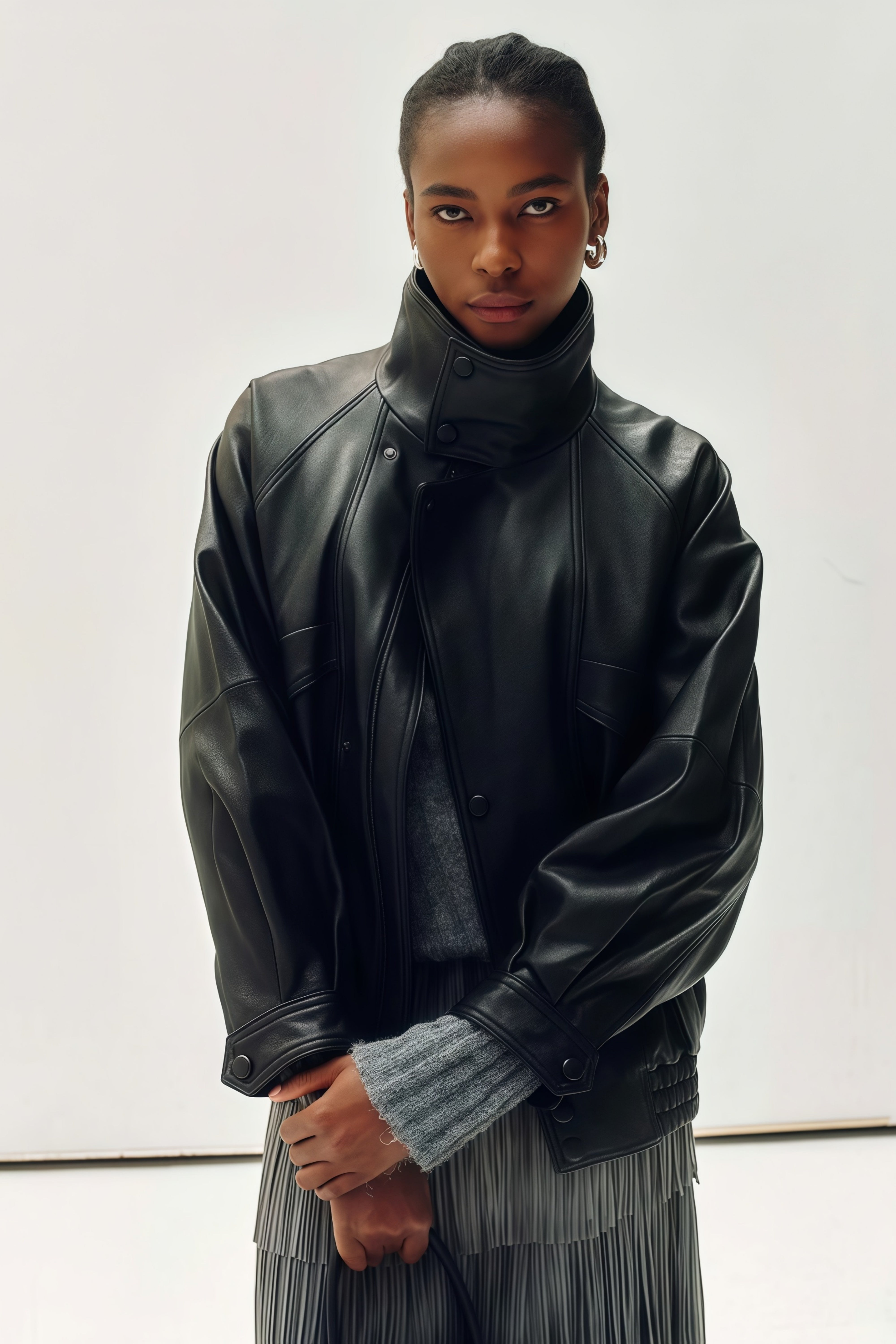 Fawn Black Stand Collar Leather Jacket