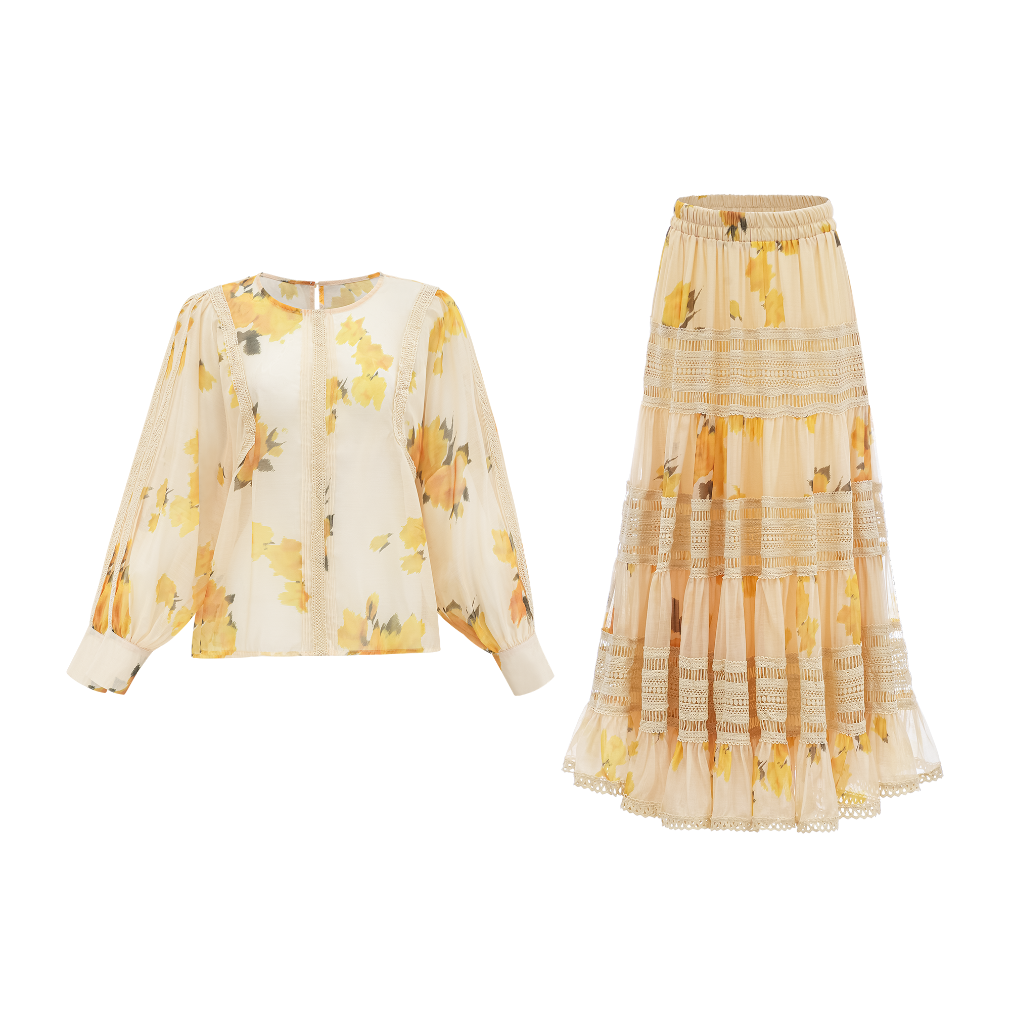 Éva yellow floral-print blouse & skirt matching set - Yellow