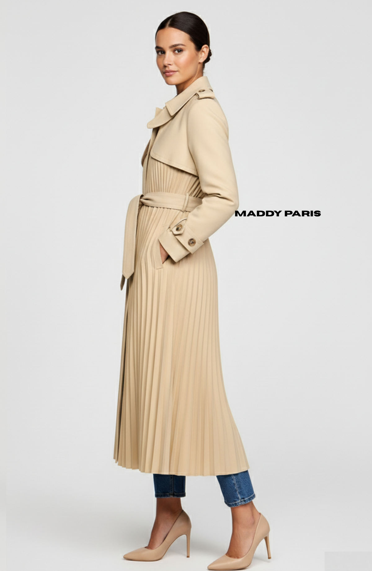 Sandro Ruffle Pleated Trench Coat with Belt - beige