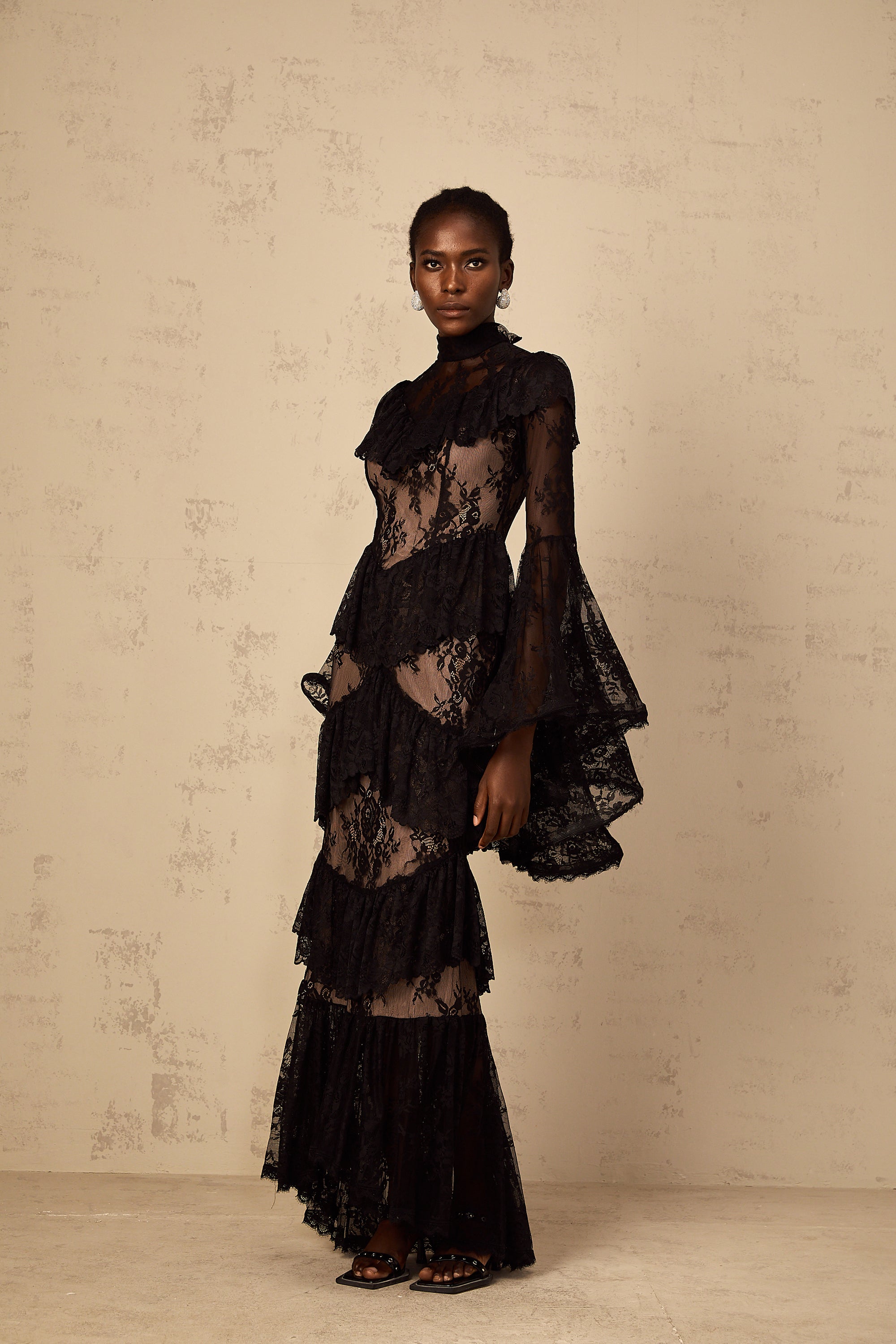 Roxane black floral-lace ruffled maxi dress