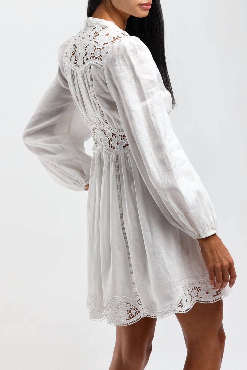 MADDY  August Plunge Broderie White Cotton Linen Lace Mini Dress - Long Sleeves, V-Neck | MADDY PARIS