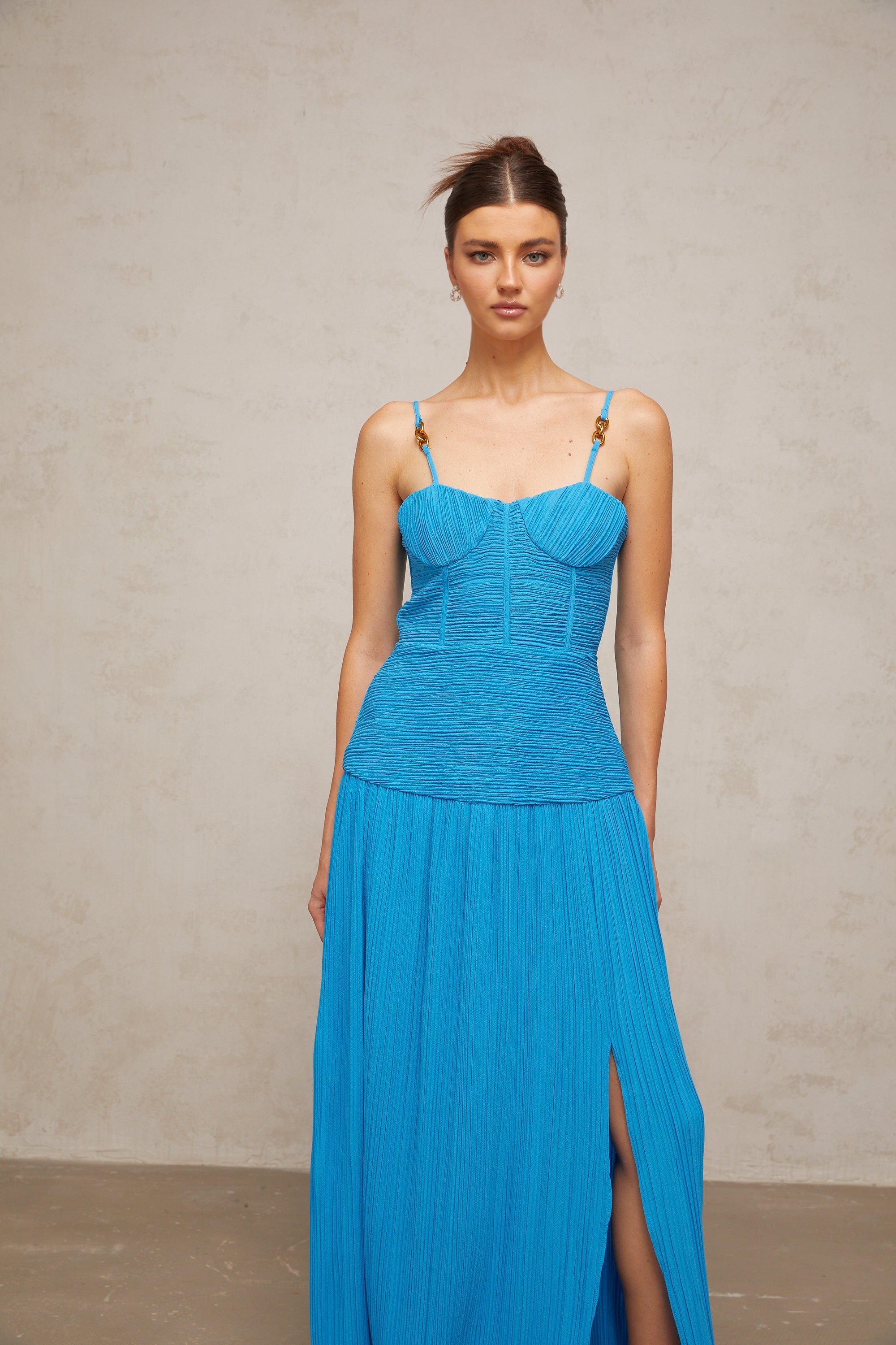 Félicie side-slit pleated maxi dress in Blue