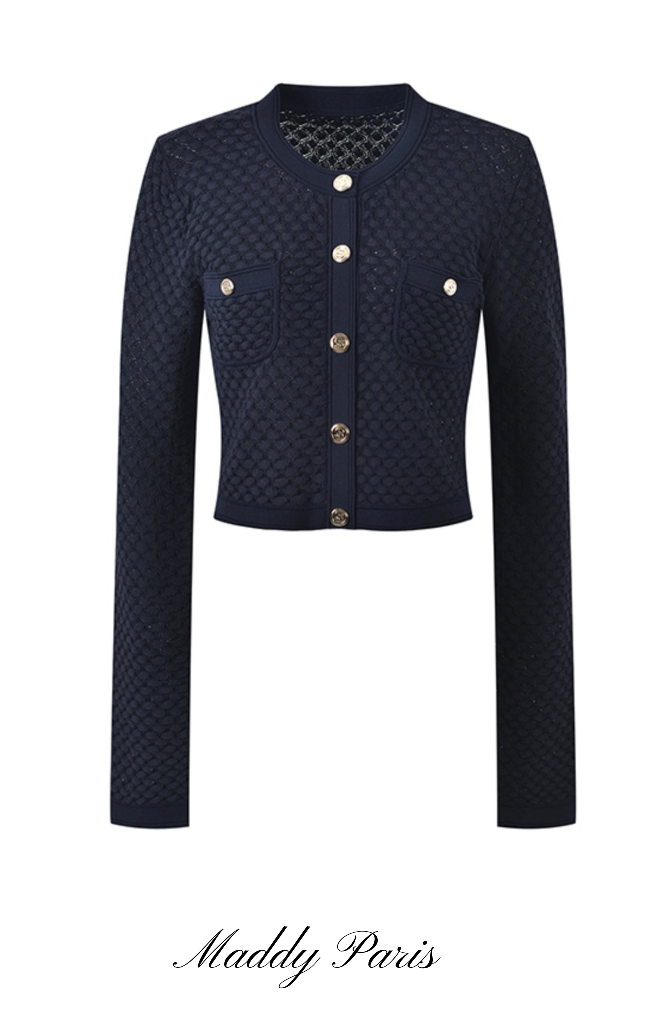 SANDRO IRINA DARK BLUE CROCHET KNIT CARDIGAN SWEATER TOP WITH GOLD BUT