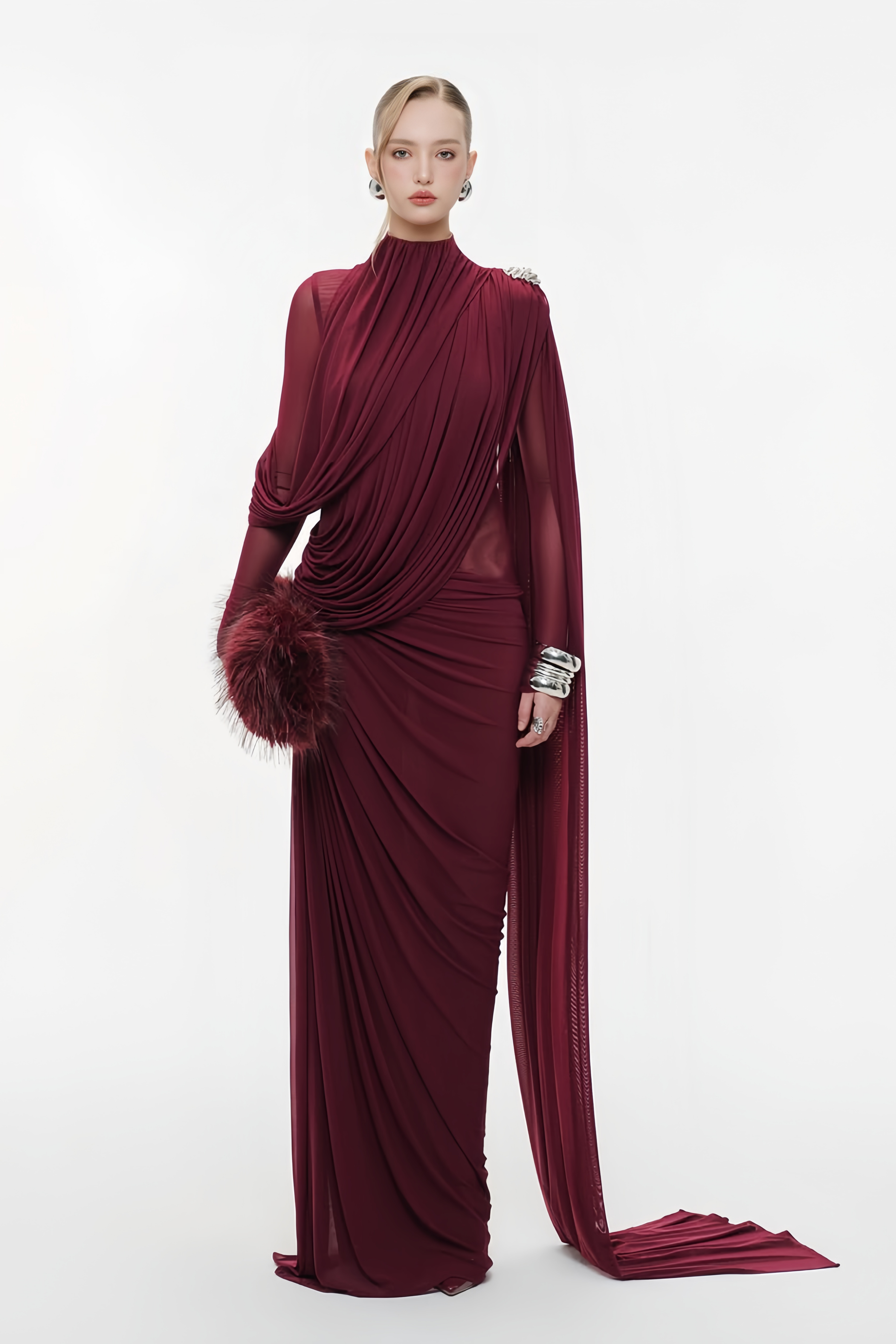 Newton Red Asymmetrical Ribbon Ruched Maxi Dress