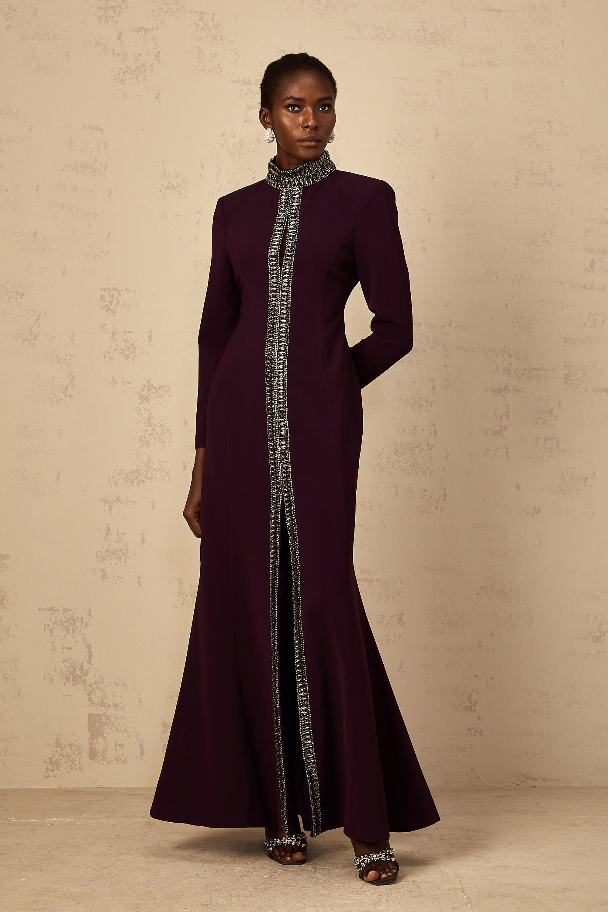 Maëlie Burgundy Embellished Flared Maxi Dress