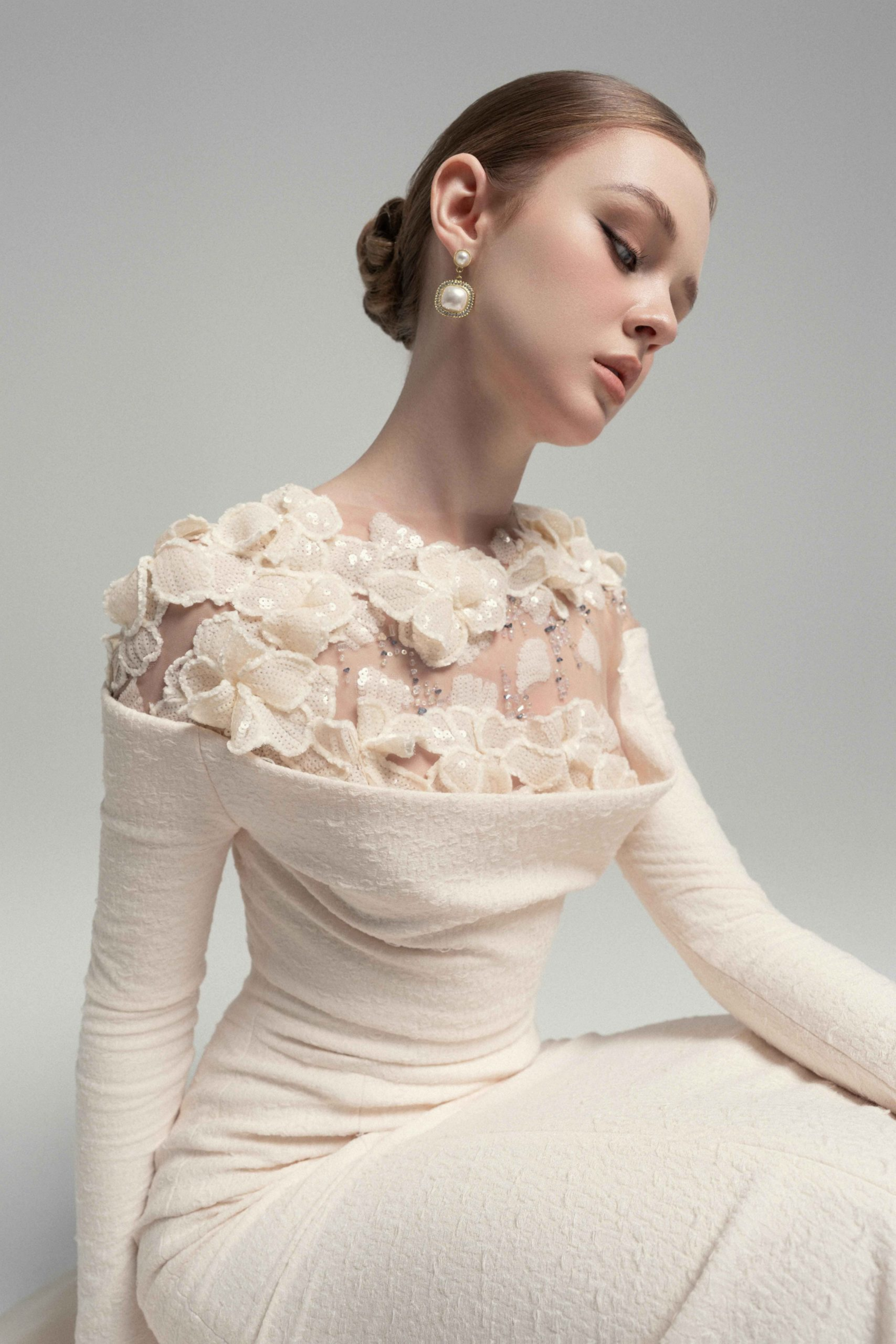 Silvia White Floral Appliqué Off-Shoulder Gown