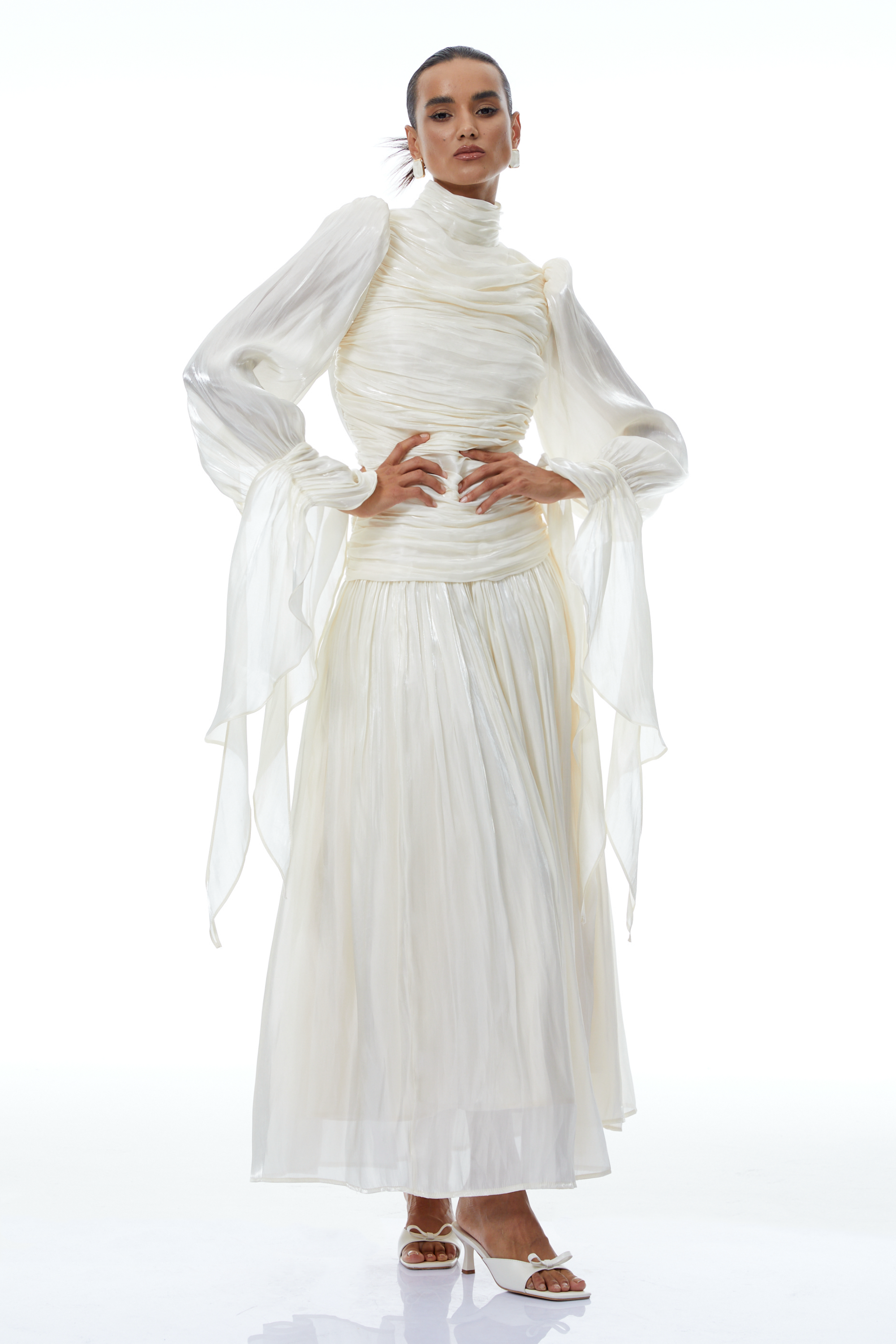Sarolta Neutral Glossy Ruched Maxi Dress (Final Sale-US Only)