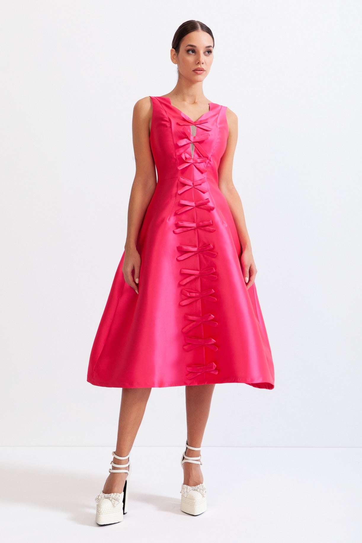 SERAPHINA Bow Detail Hourglass Midi Dress - Fuchsia Pink