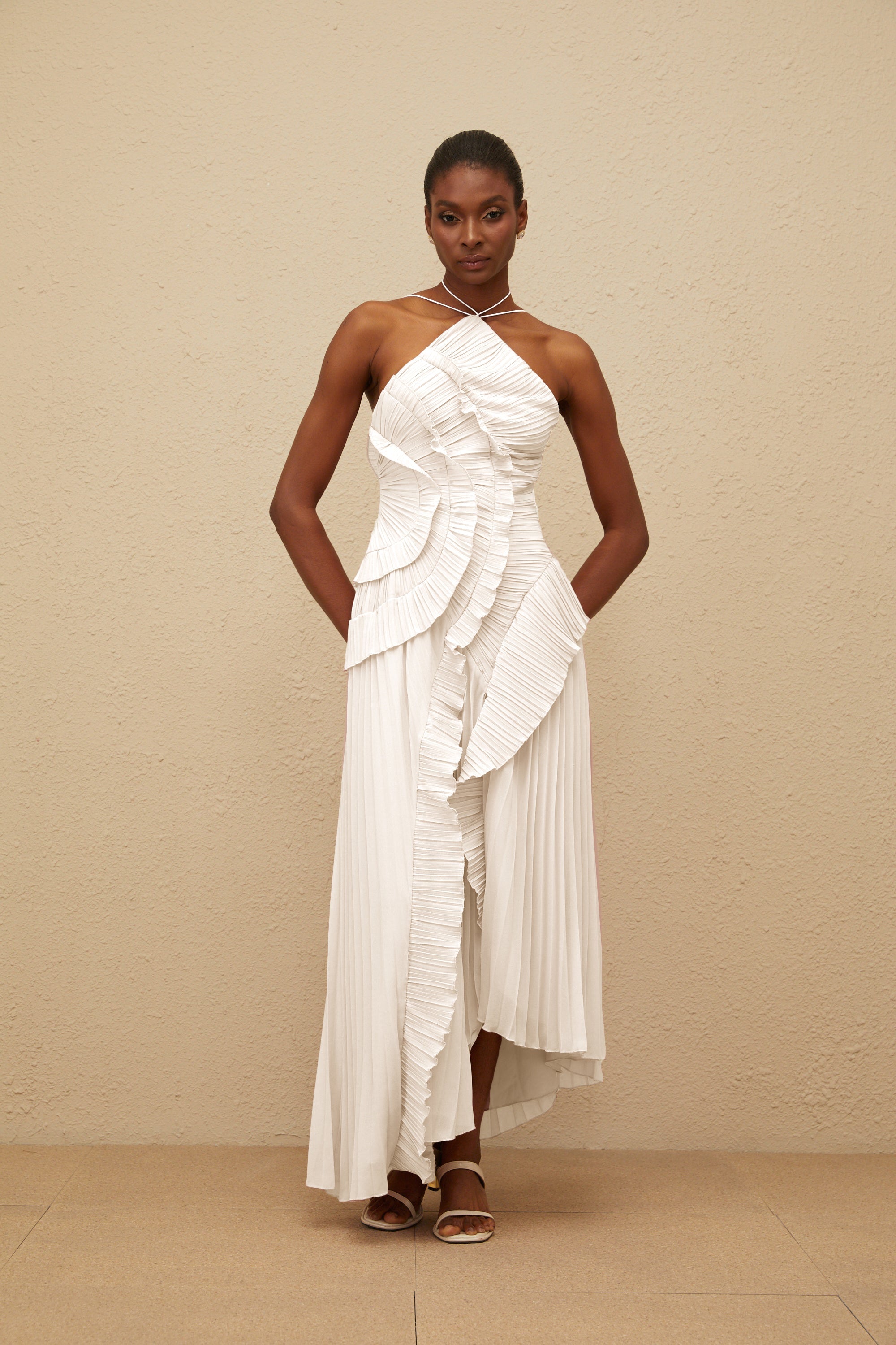 Doux White Ruffled Trim Pleated Midi Dress (Final Sale-US Only)