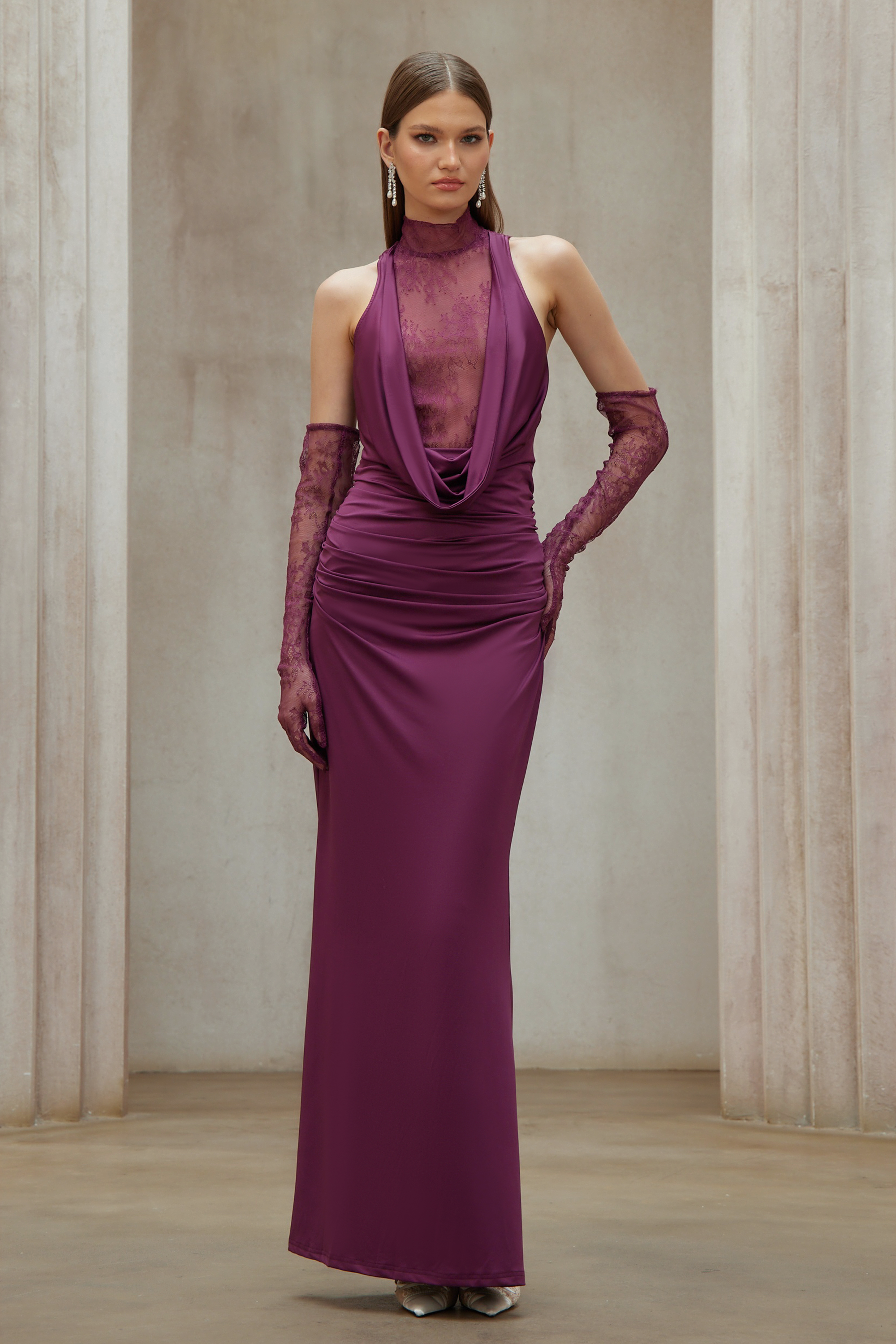 Borbála Magenta Lace Bodice Ruched Maxi Dress (Final Sale-US Only)